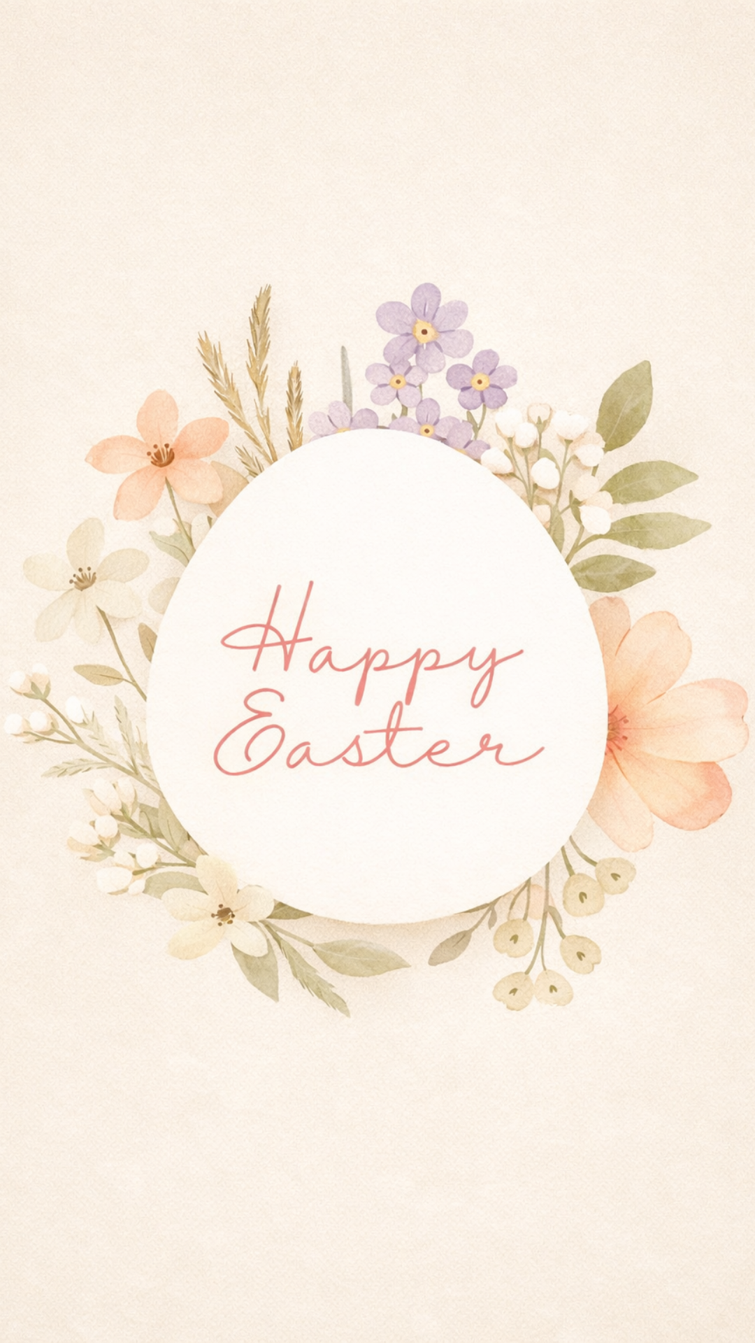 Neutral watercolor floral wreath iPhone wallpaper with soft peach and lavender flowers surrounding a