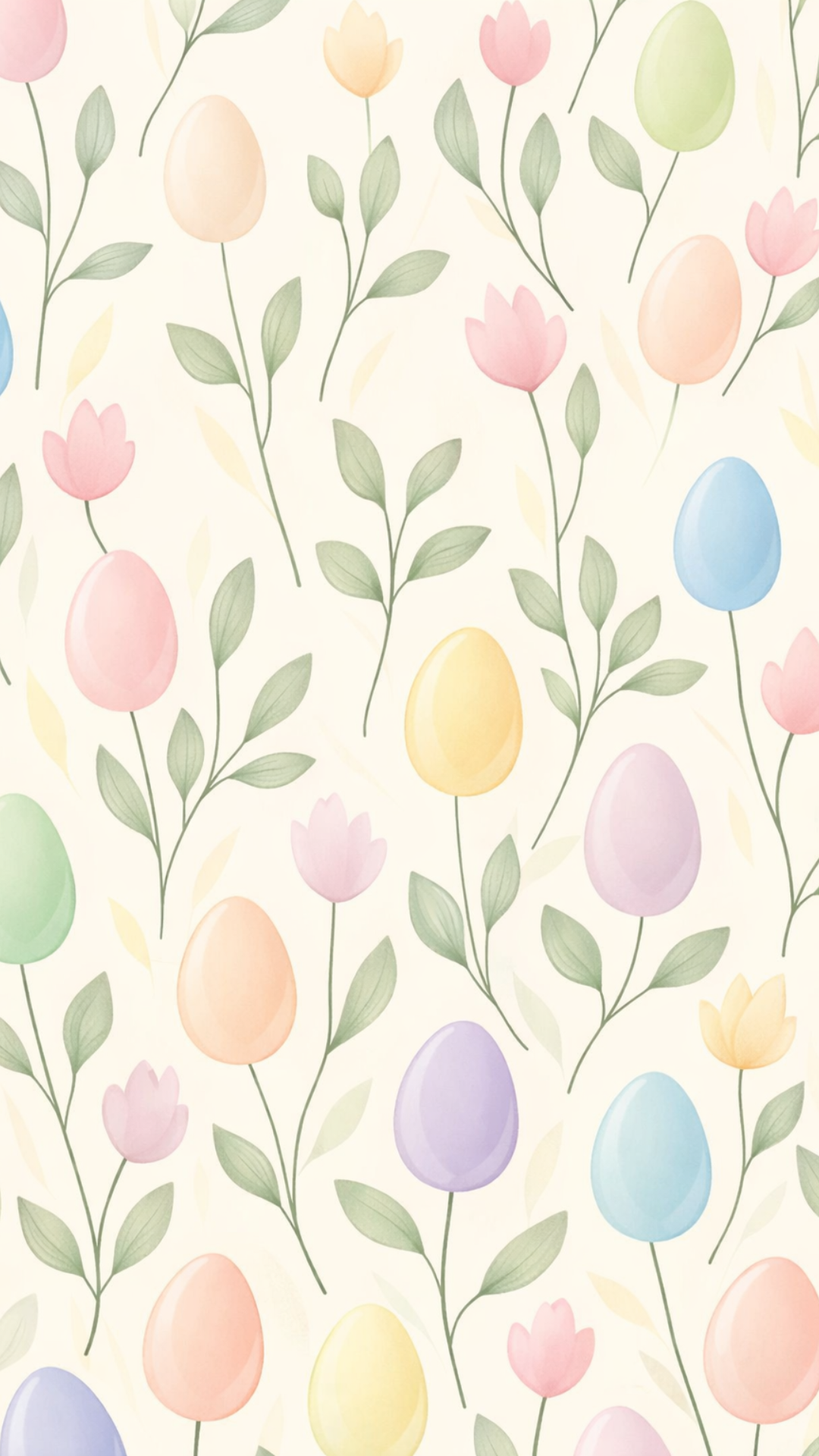 Soft pastel Easter egg and tulip floral pattern iPhone wallpaper with a light spring background and delicate green stems.