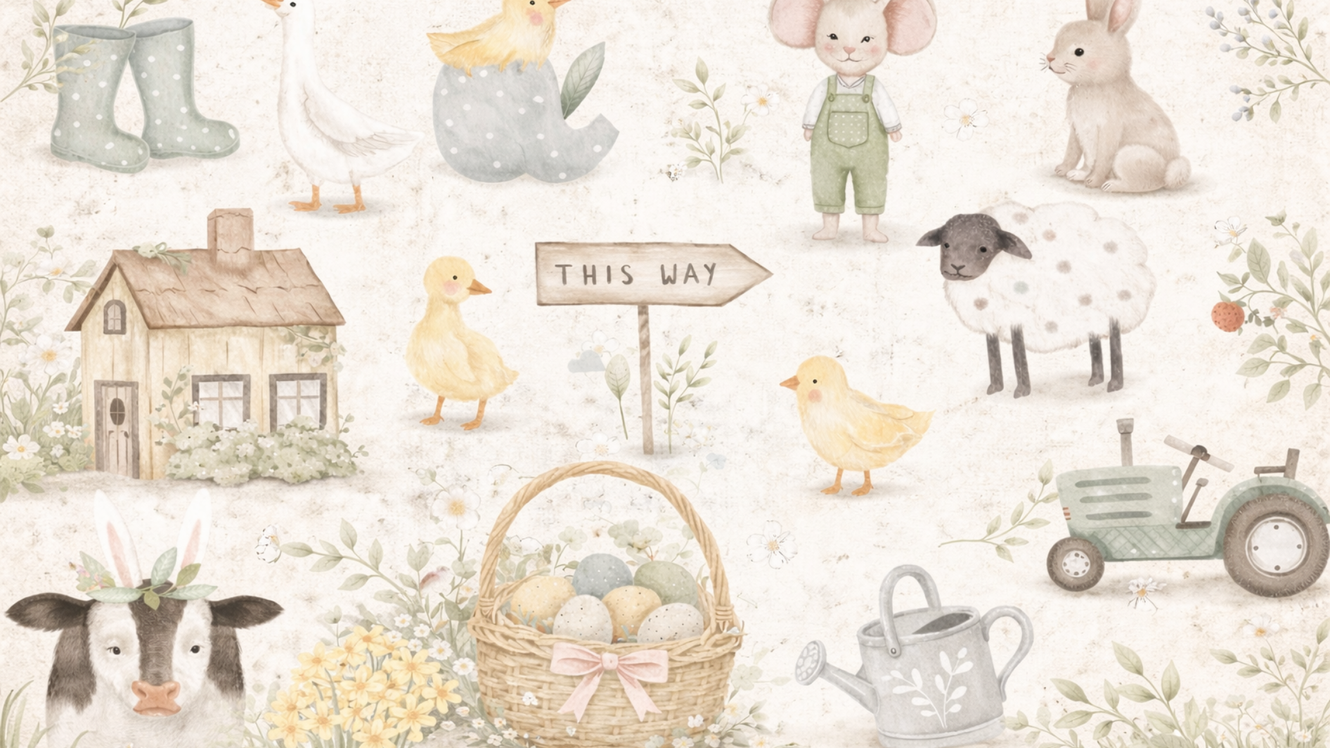 Aesthetic pastel Easter desktop background featuring soft watercolor farm animals, baby chicks, a cottage, basket of eggs, and neutral spring tones.
