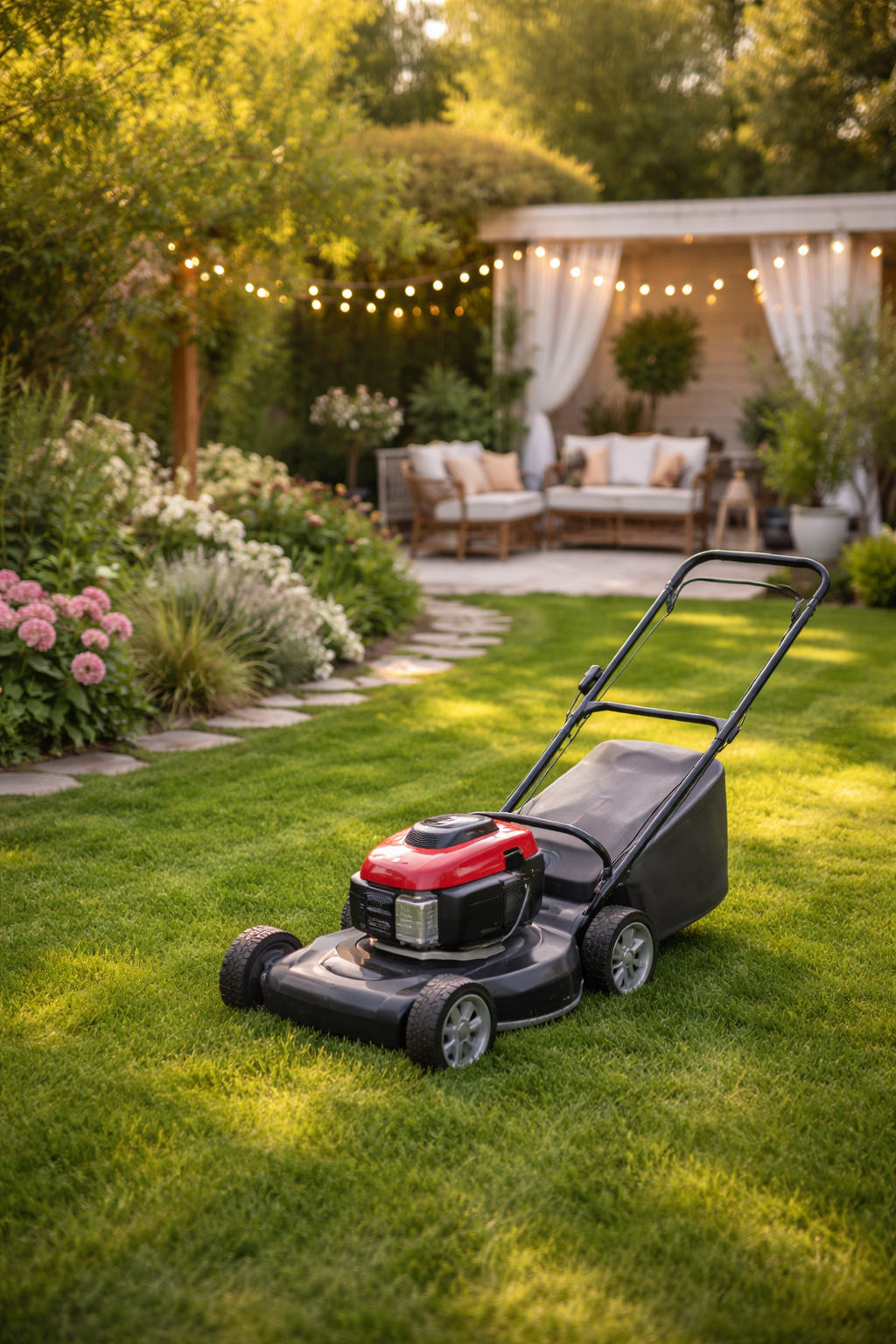 beautiful backyard with a well-maintained green lawn and a lawn mower on the grass