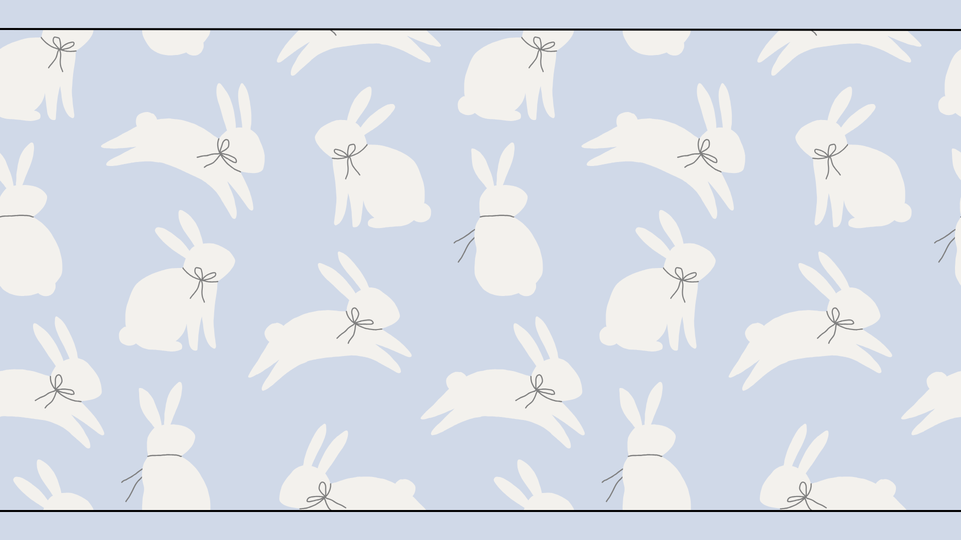 Minimal blue Easter desktop wallpaper featuring a repeating white bunny pattern with soft neutral tones and simple bow details.