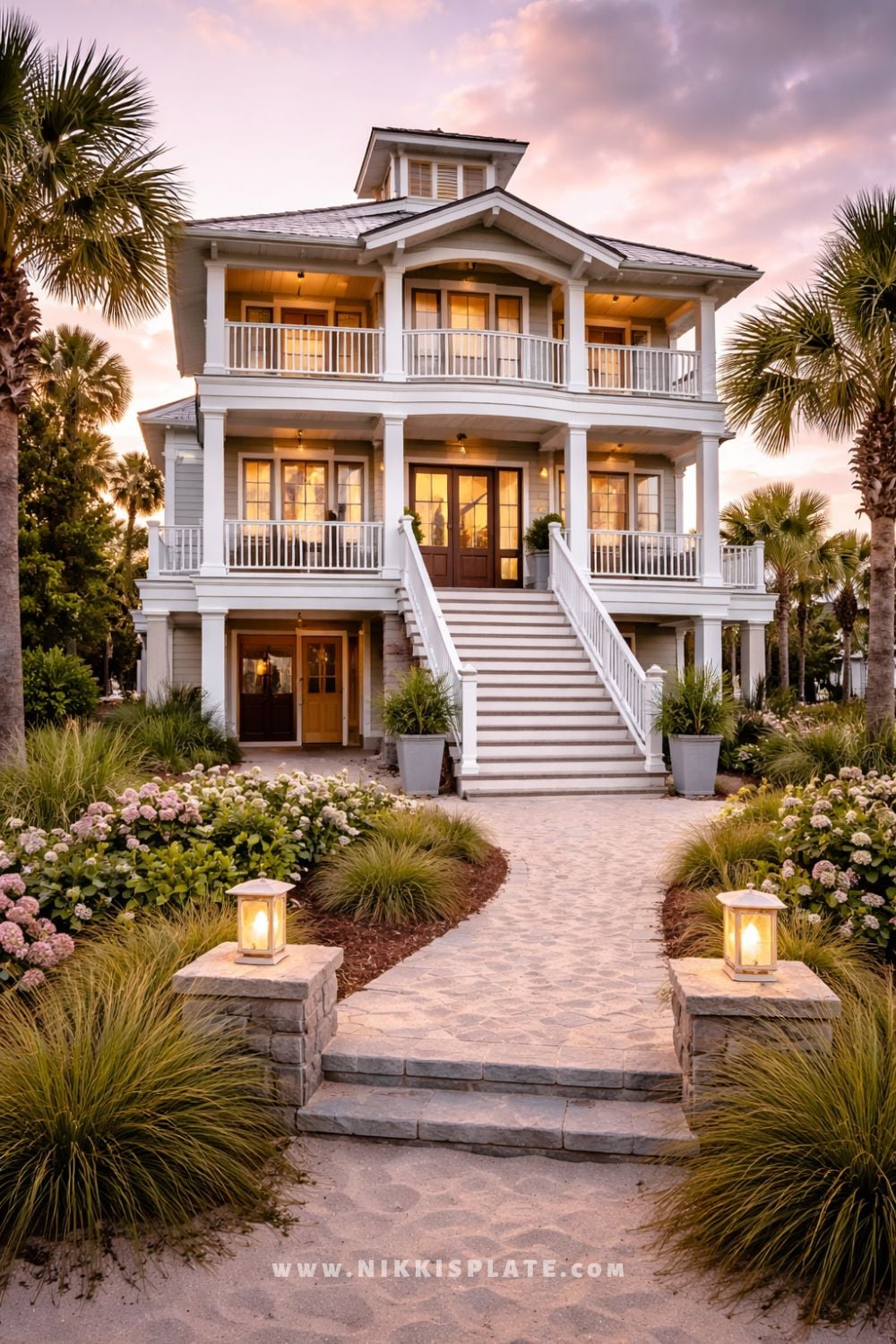Coastal beach house exterior with wraparound balconies, palm trees, and elevated entry staircase at sunset