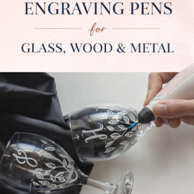 engraving pen personalizing wine glasses with floral design for DIY project