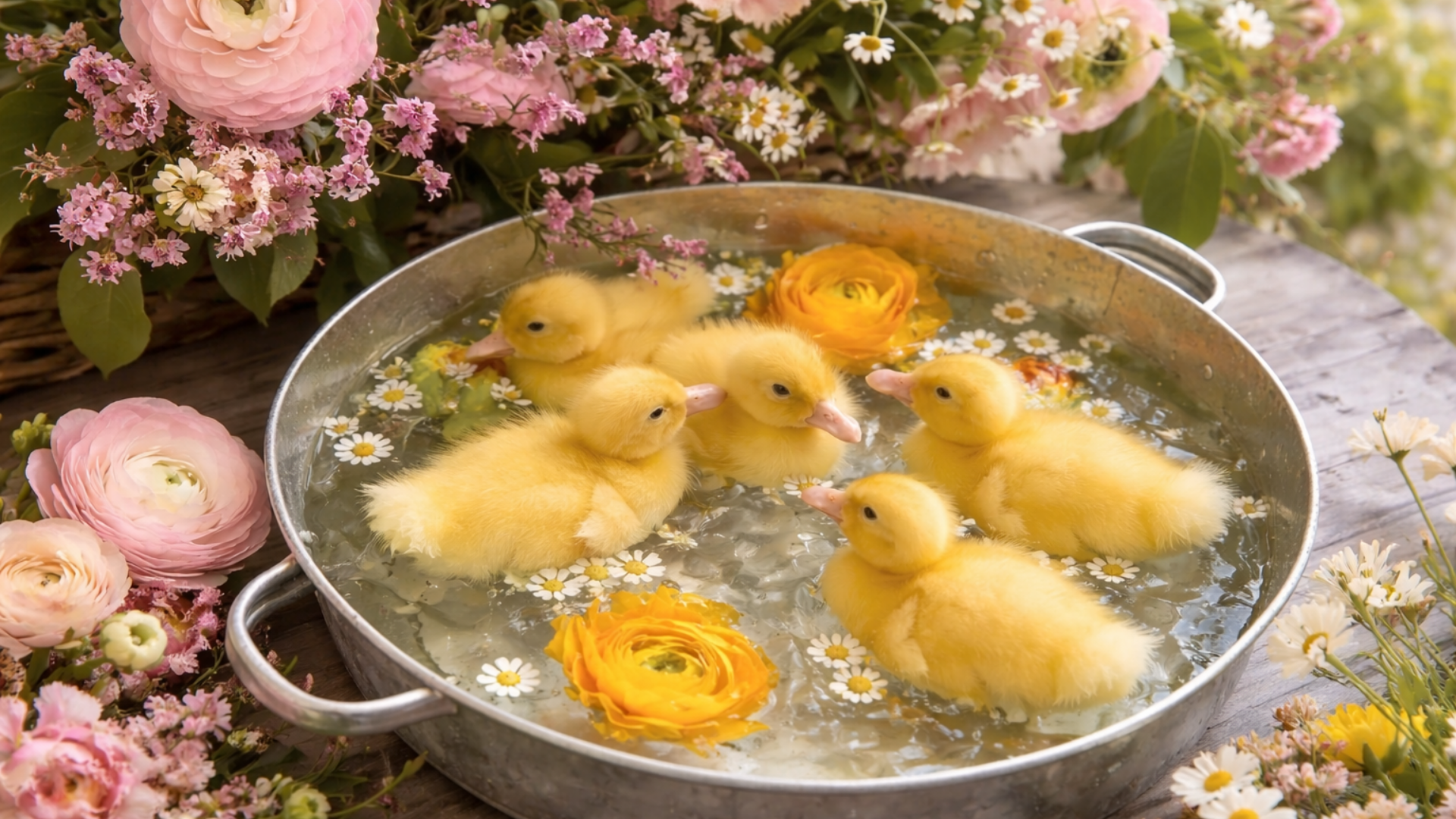 Whimsical spring Easter desktop wallpaper featuring fluffy yellow ducklings floating in a rustic basin surrounded by pink florals and daisies.