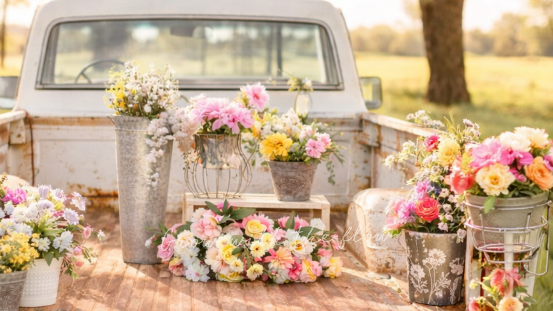 Floral spring Easter desktop wallpaper featuring a vintage white pickup truck filled with pastel flower arrangements in soft golden sunlight.