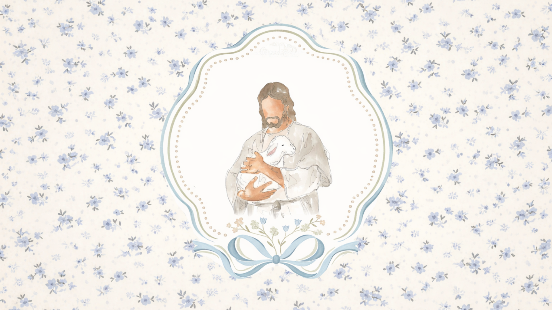 Faith-based Easter desktop wallpaper featuring a watercolor illustration of Jesus holding a lamb framed in soft blue and green with a delicate floral background.