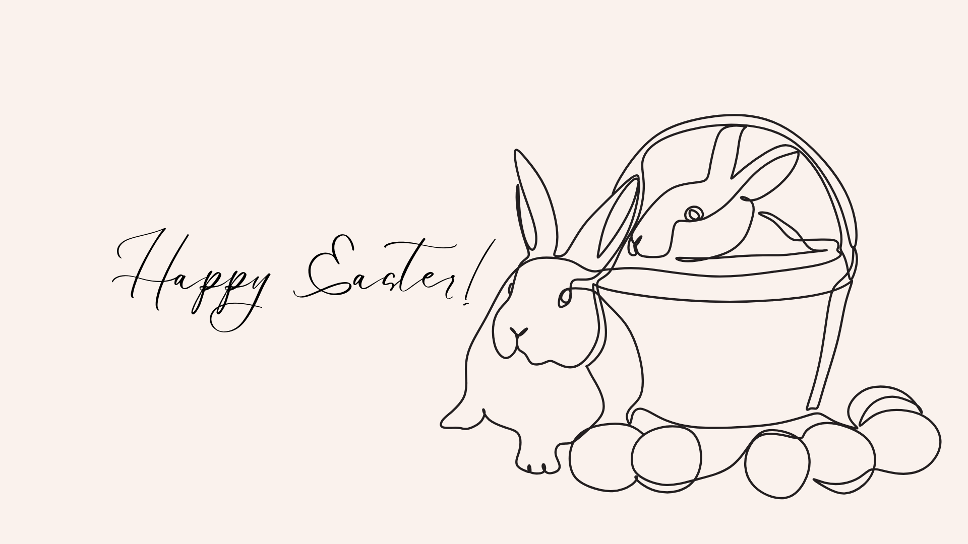 Minimal neutral Easter desktop wallpaper featuring black line art bunnies beside a basket with eggs and elegant