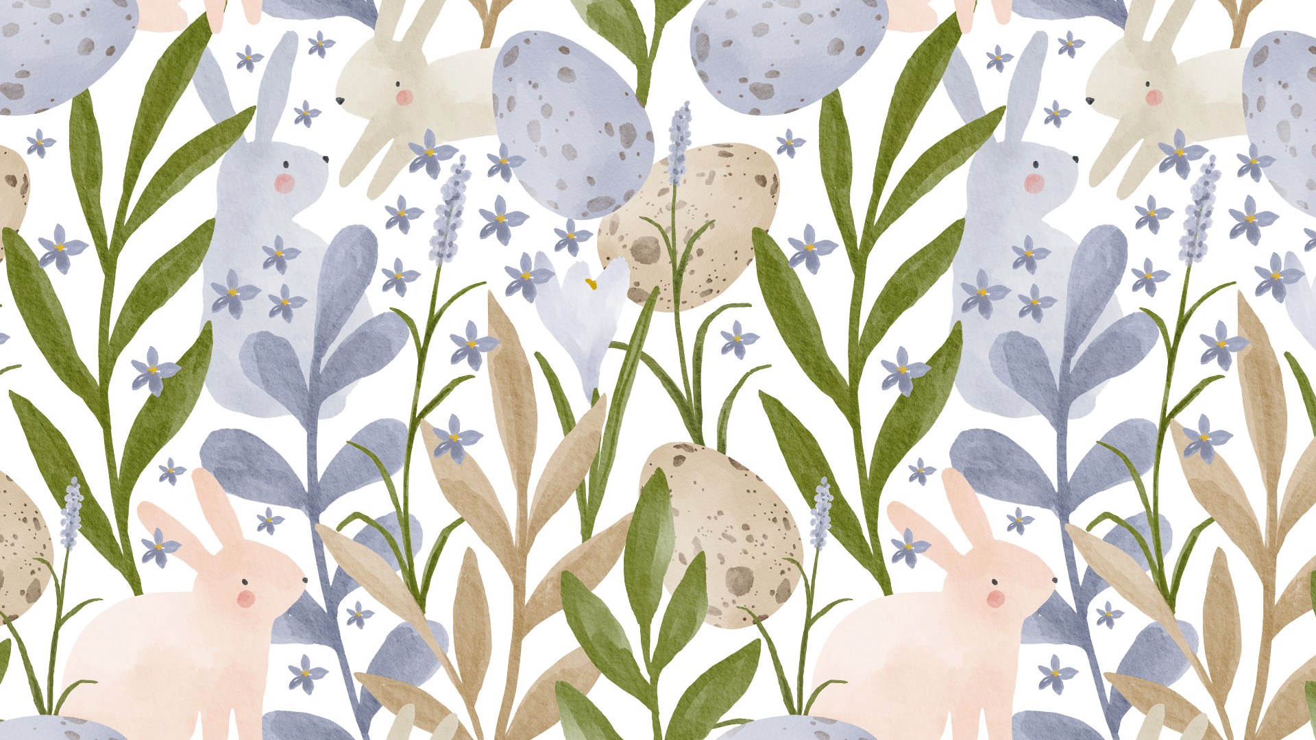 Minimal pastel Easter desktop wallpaper with watercolor bunnies, speckled eggs, blue florals, and soft green botanical leaves on a white background.