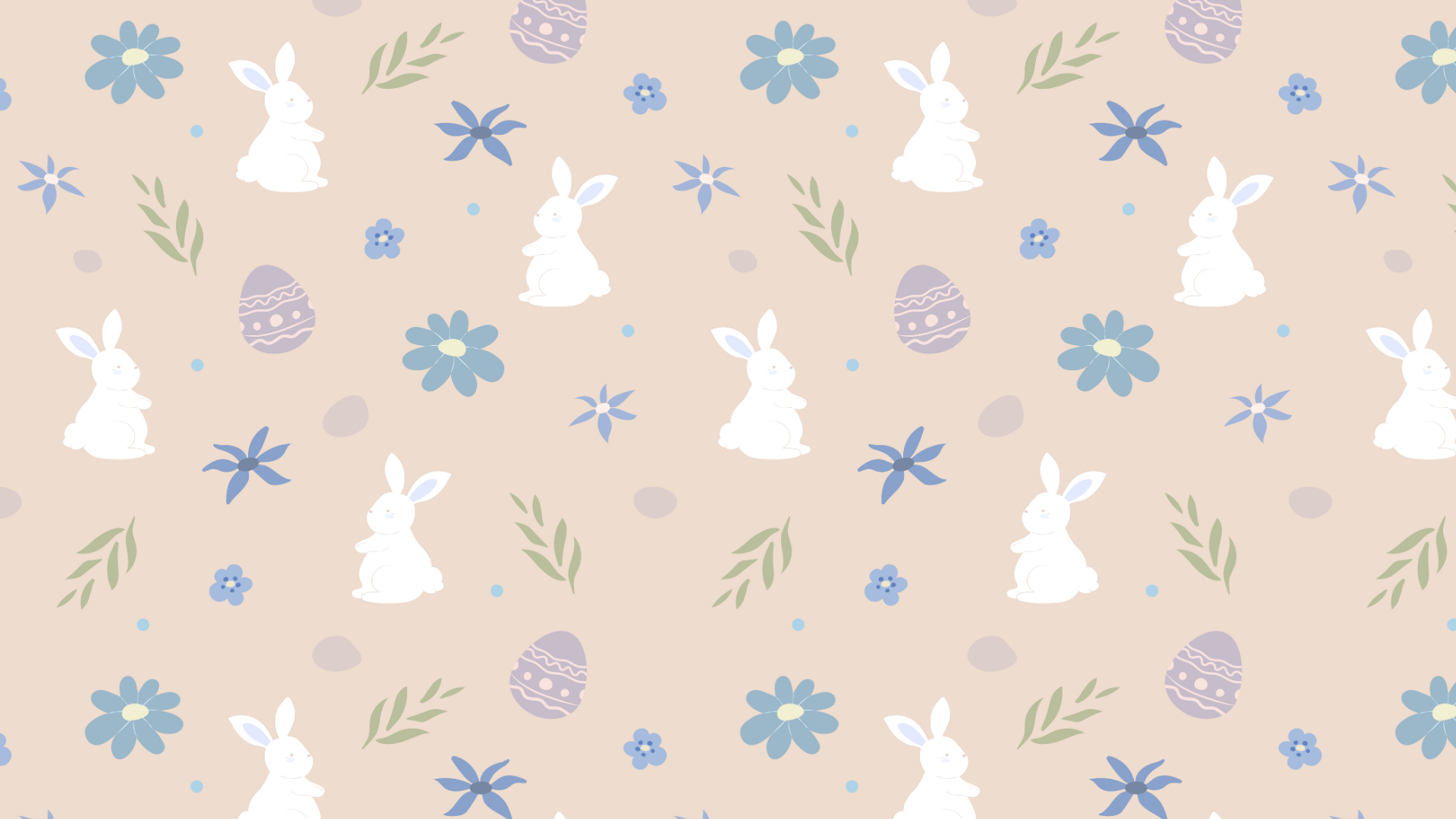 Neutral Easter desktop wallpaper with soft blue flowers, white bunnies, pastel eggs, and greenery in a seamless repeating pattern.