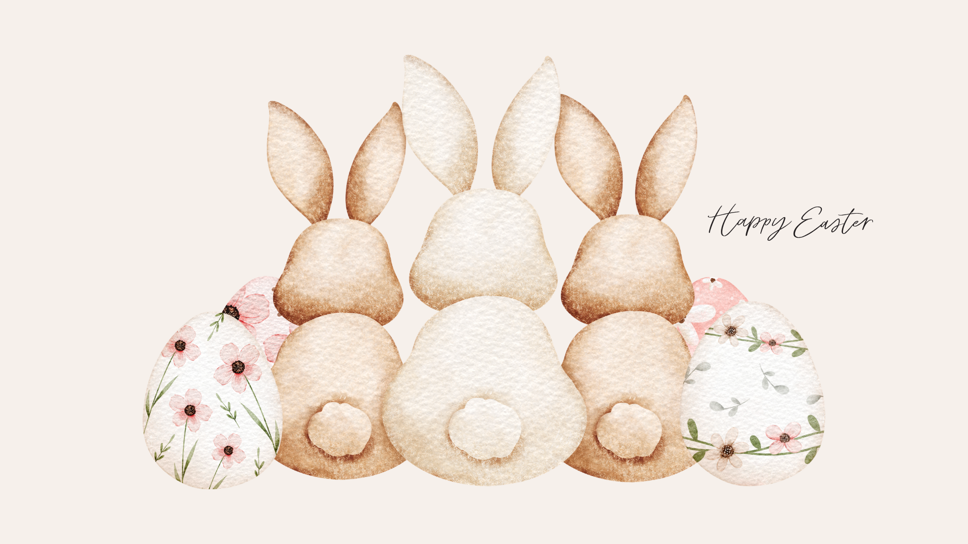 Neutral aesthetic Easter desktop wallpaper with bunny silhouettes, floral Easter eggs, and
