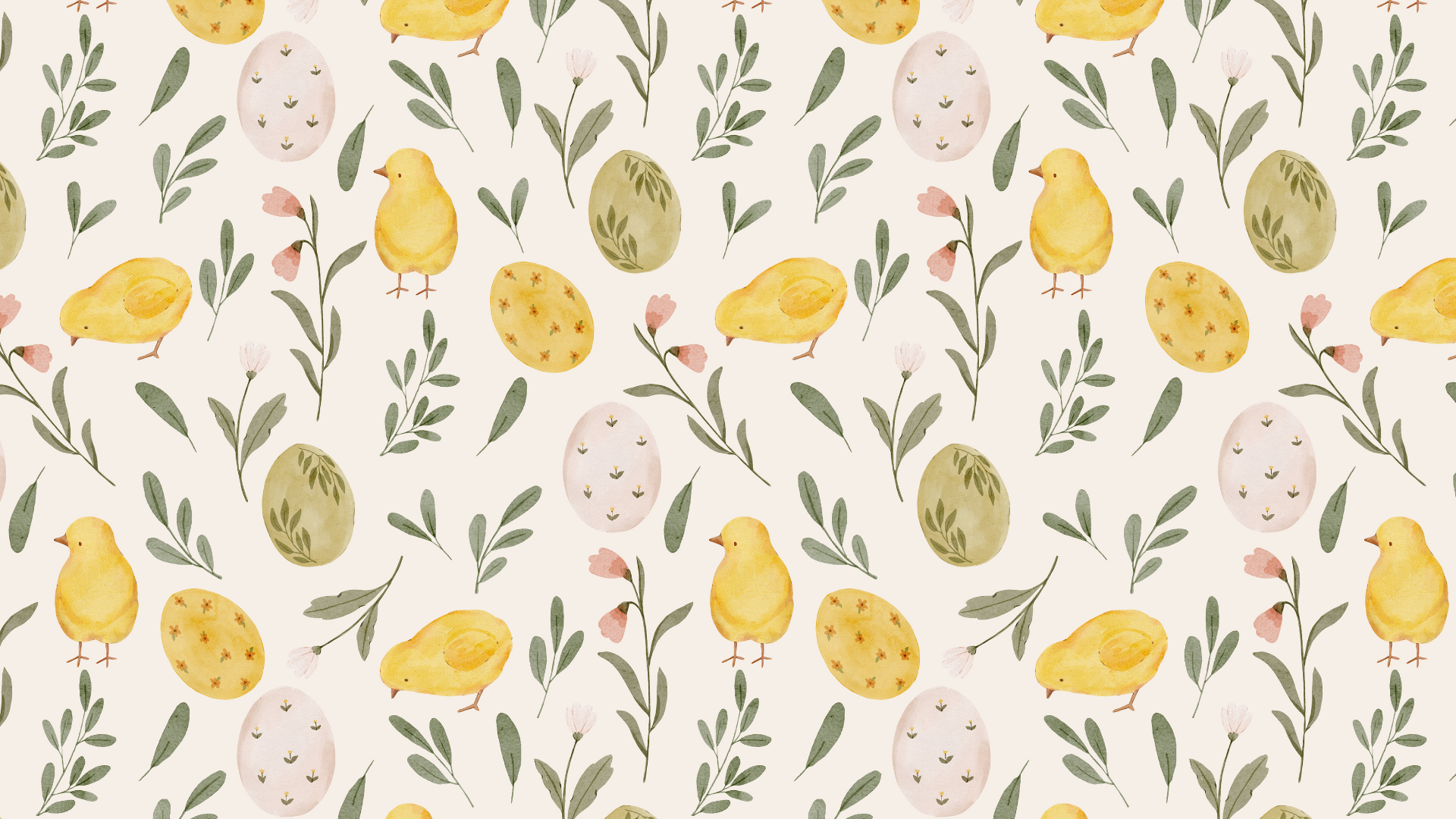 Floral Easter desktop wallpaper with watercolor baby chicks, pastel eggs, and soft green botanical leaves in a seamless spring pattern.