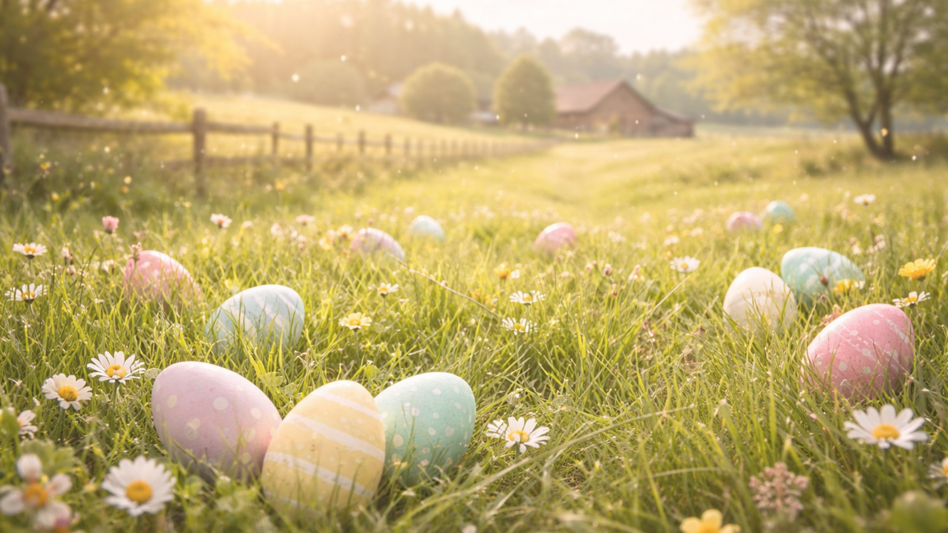 Spring Easter desktop wallpaper featuring pastel decorated eggs scattered in green grass with daisies and soft golden countryside light.