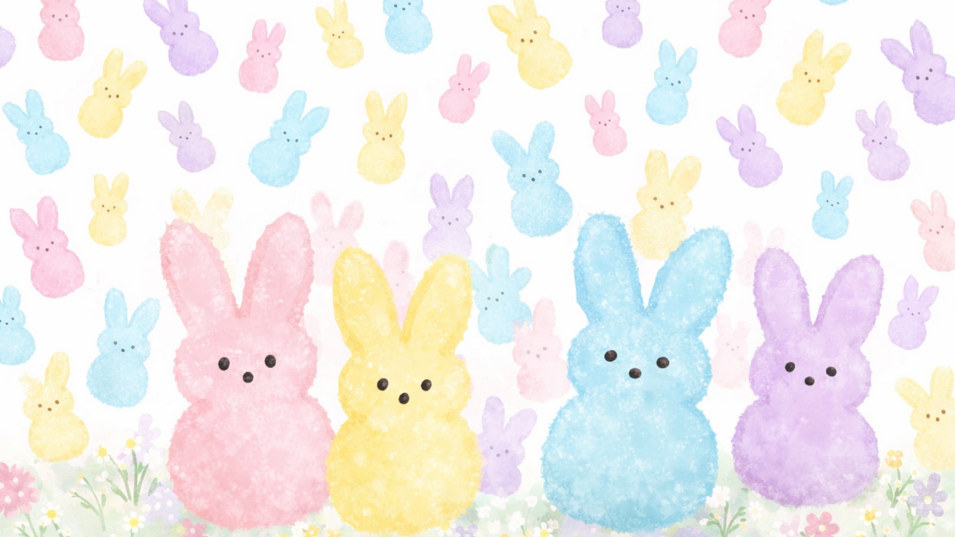 Cute pastel Easter desktop background featuring watercolor peeps-style bunnies in pink, yellow, blue, and purple on a soft white background.