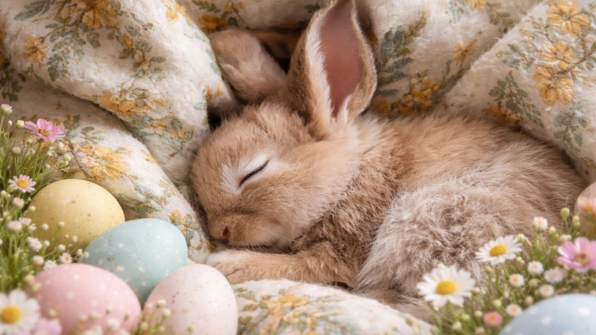 Cozy Easter desktop wallpaper featuring a sleeping baby bunny nestled in a floral blanket beside pastel speckled Easter eggs and daisies.