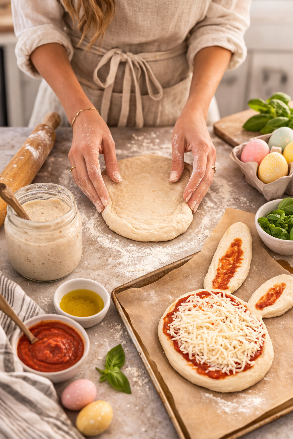 Woman's hands shaping sourdough pizza dough into a bunny shape on a floured baking sheet for a Healthy Sourdough Easter Bunny Pizza recipe.