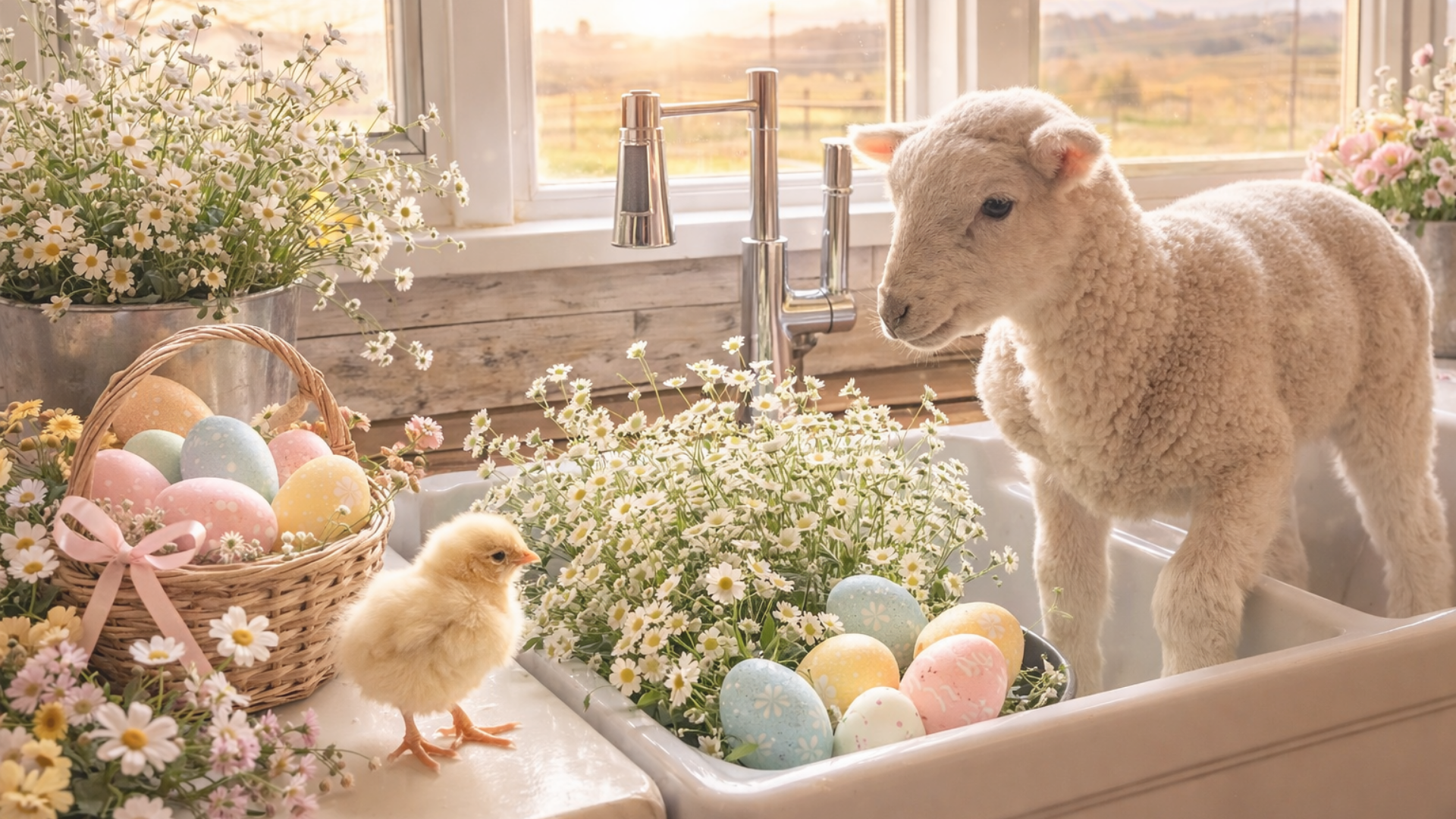 Floral Easter desktop wallpaper with a baby lamb and chick beside pastel eggs and daisies in a sunlit farmhouse kitchen setting.