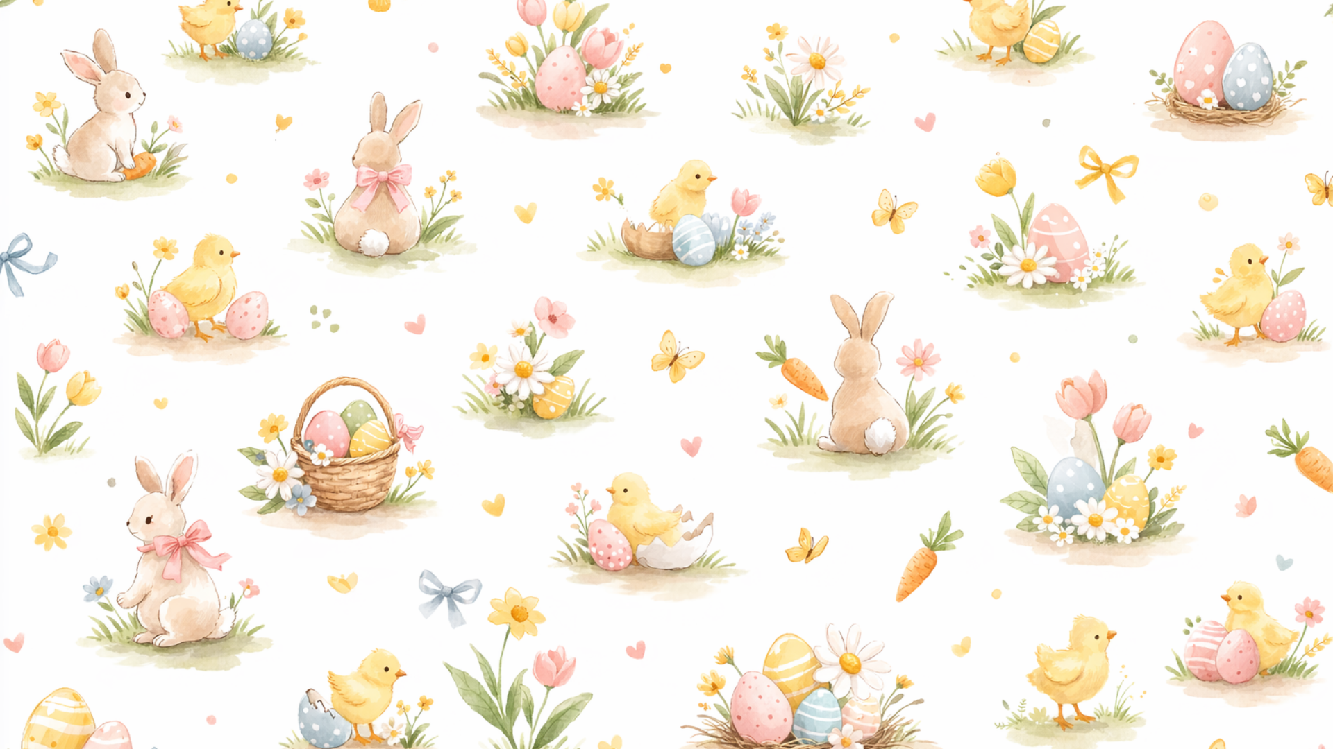 Aesthetic pastel Easter desktop wallpaper with watercolor bunnies, baby chicks, decorated eggs, bows, butterflies, and spring florals in soft muted tones.