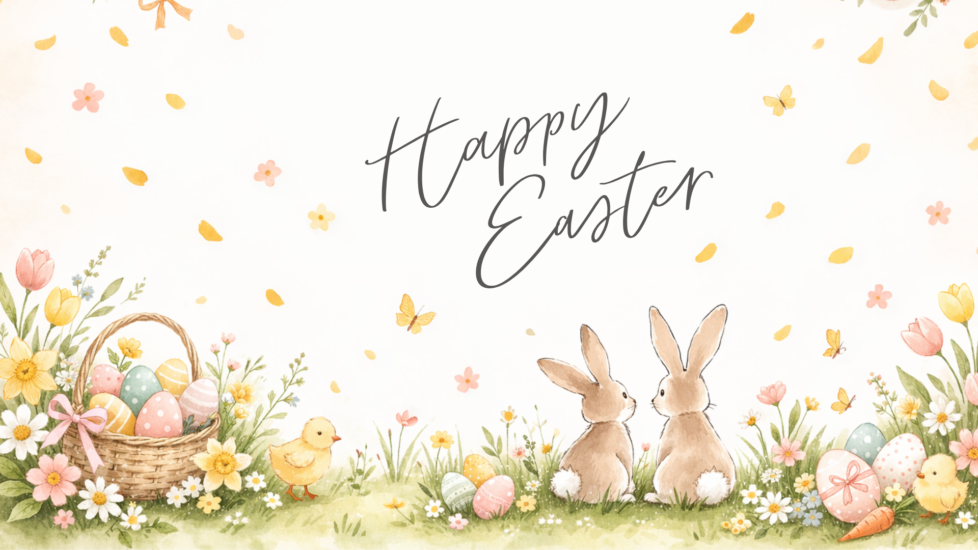 Watercolor Easter desktop wallpaper with two bunnies sitting in a spring garden surrounded by pastel eggs, flowers, and