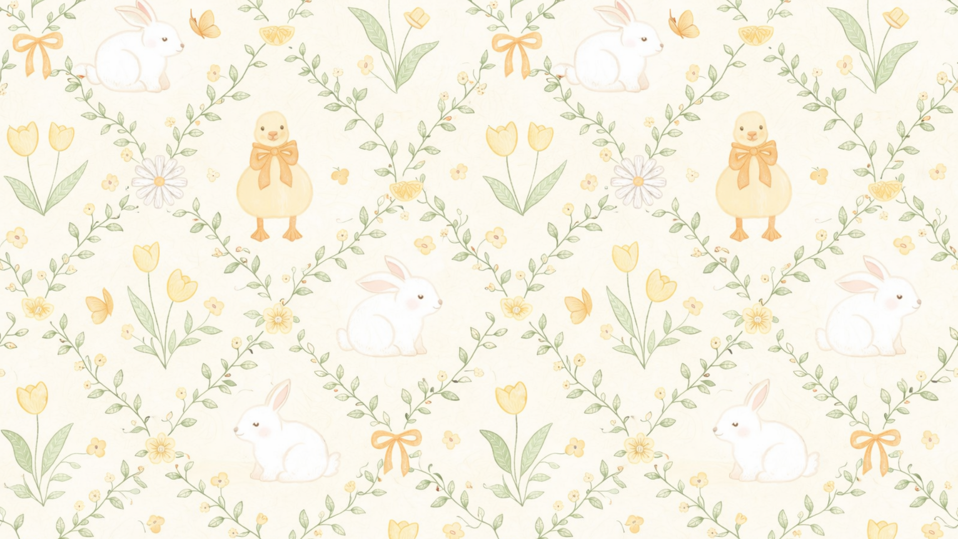 Soft spring Easter desktop wallpaper with pastel bunnies, yellow chicks, florals, butterflies, and delicate greenery on a cream background.
