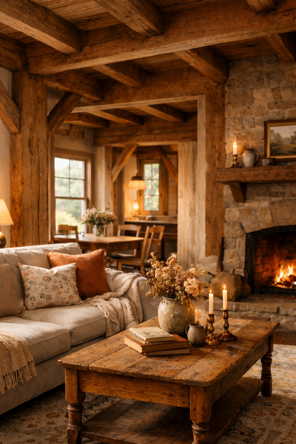 Timber frame home interior with exposed beams, cozy fireplace, and warm heirloom grandmacore decor