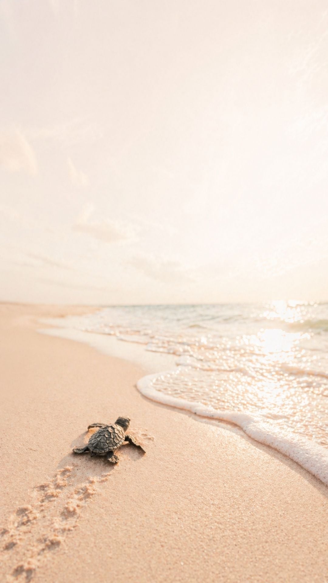 Beach summer iPhone wallpaper with baby sea turtle on warm sand near sparkling ocean waves