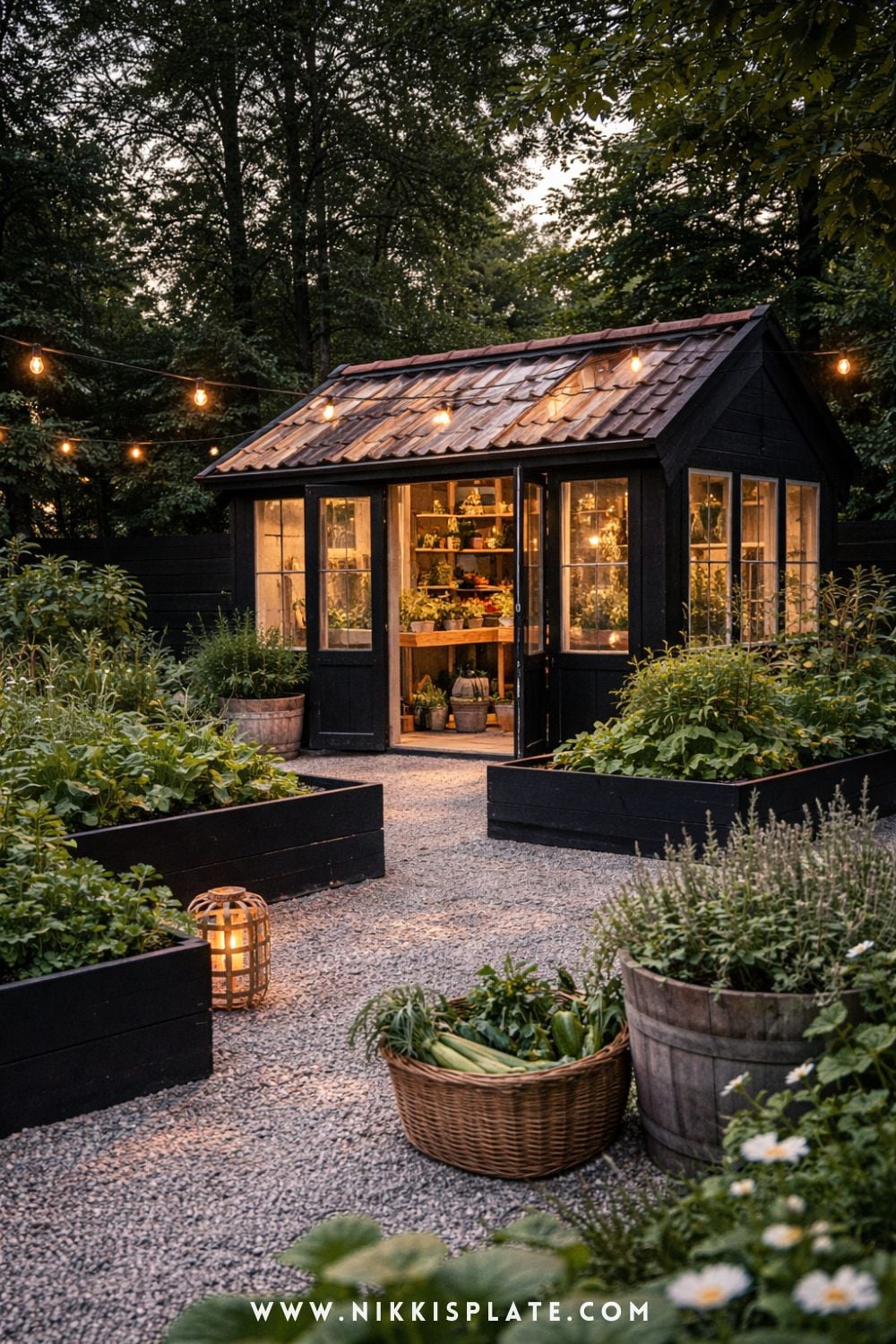 charming black greenhouse in a backyard garden with warm string lights, raised beds, and cozy evening atmosphere