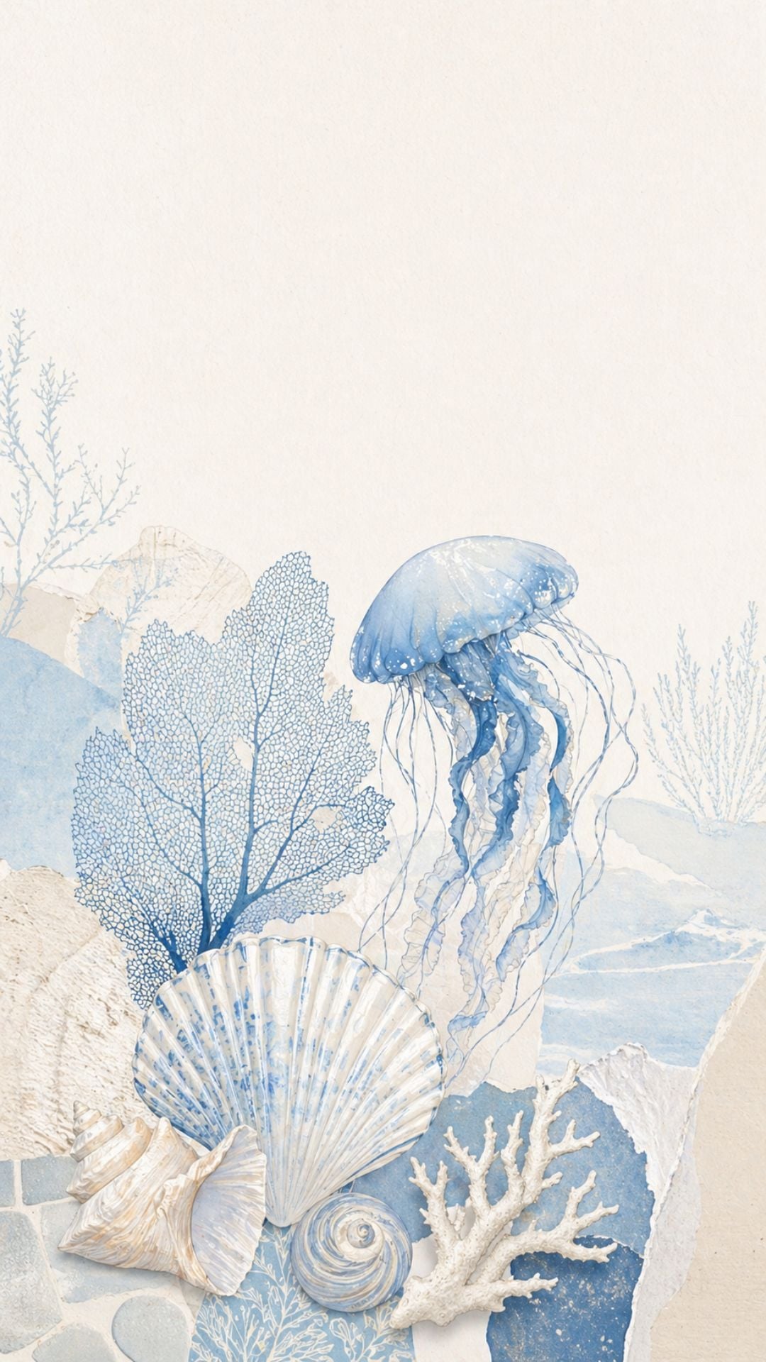 Cute summer iPhone wallpaper with blue jellyfish, seashells, coral, and soft watercolor coastal collage