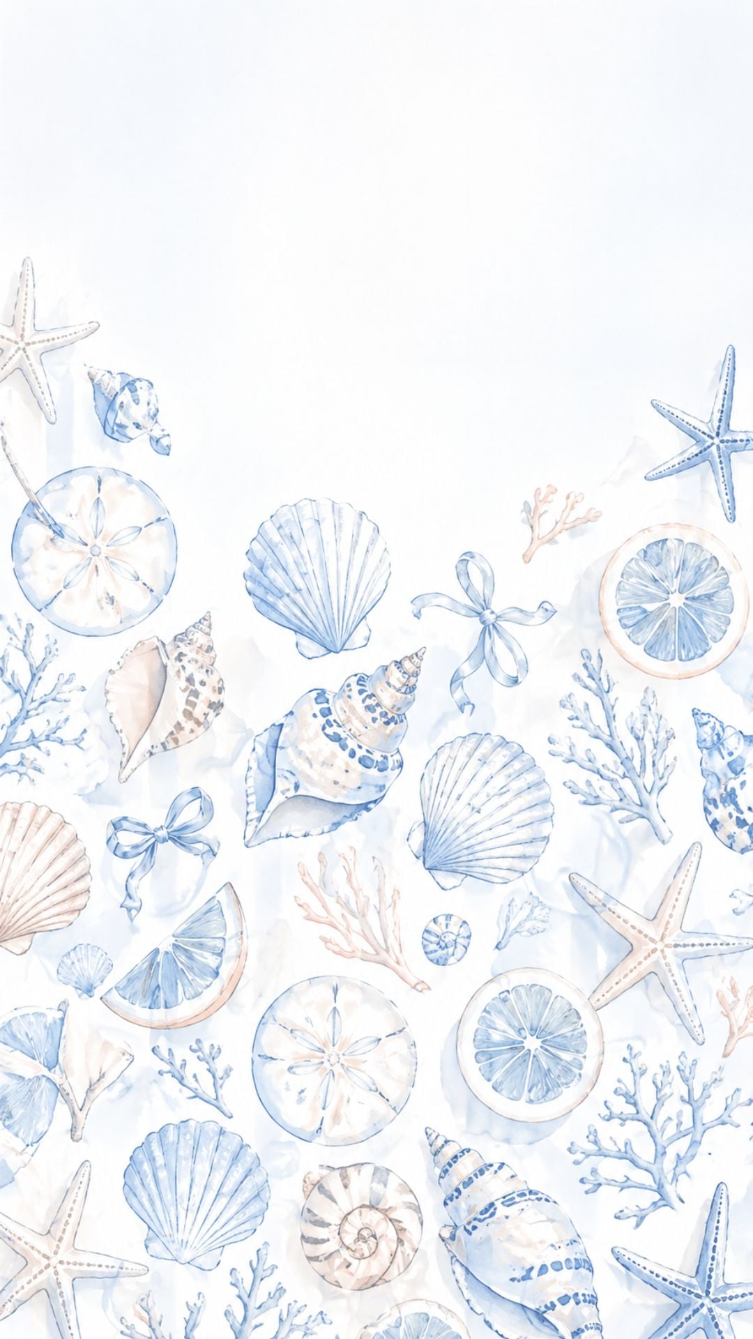 Cute summer iPhone wallpaper with blue watercolor seashells, starfish, coral, citrus slices, and coastal pattern