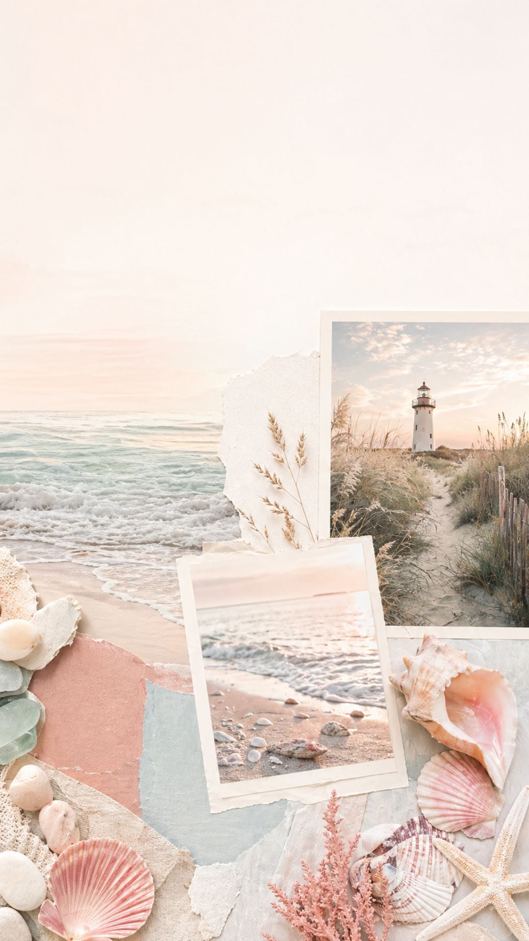 Beach summer iPhone wallpaper with coastal moodboard, seashells, ocean photos, and soft pastel tones