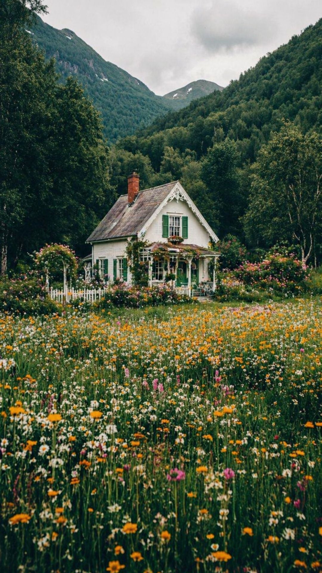 Floral summer iPhone wallpaper with white cottage, wildflower meadow, mountain view, and cozy countryside garden style