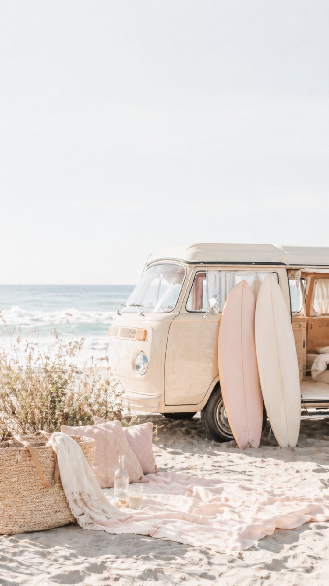 Cute summer iPhone wallpaper with vintage beach van, pastel surfboards, woven beach bag, and soft ocean view
