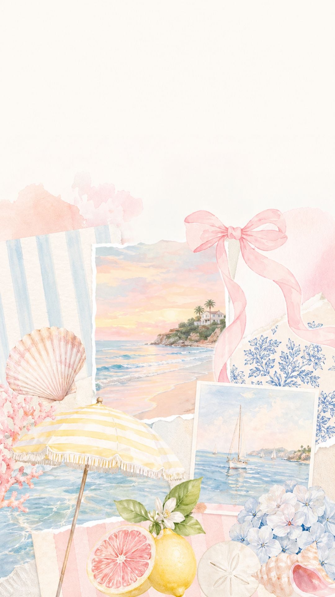Cute summer iPhone wallpaper with pastel coastal moodboard, beach umbrella, seashells, citrus, and soft ocean illustrations
