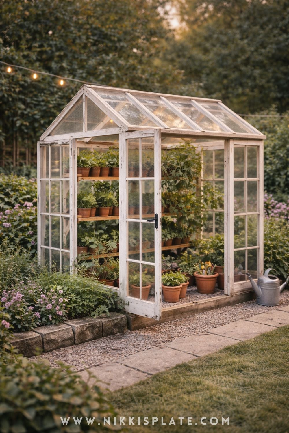 DIY window greenhouse made from old white window frames in a cozy backyard garden