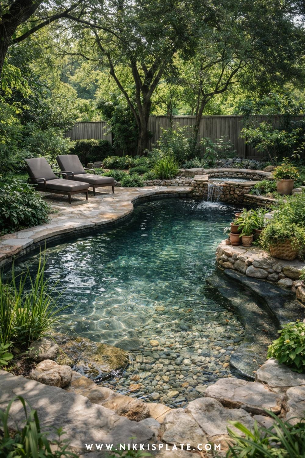 Eco-friendly natural swimming pool in a small backyard with stone edging, clear water, and lush greenery surrounding the space