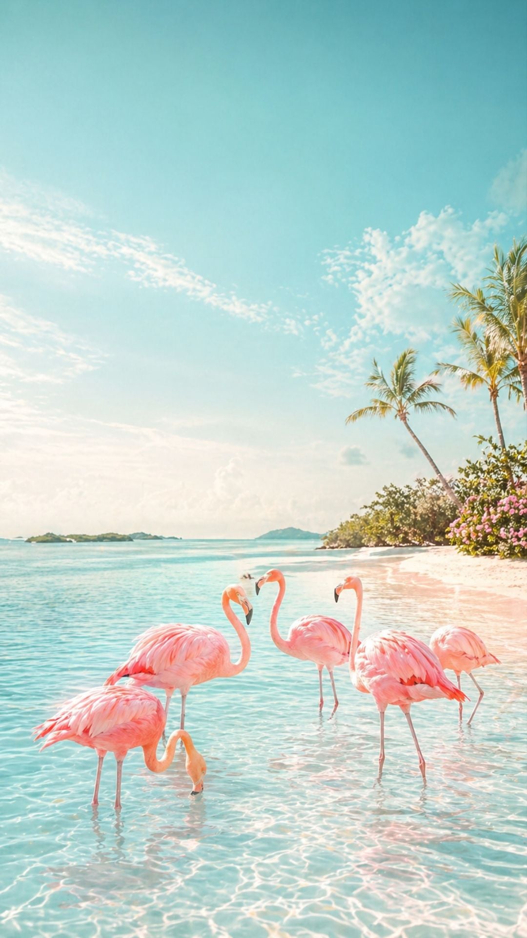 Cute summer iPhone wallpaper with pink flamingos, turquoise water, palm trees, and bright tropical beach scene