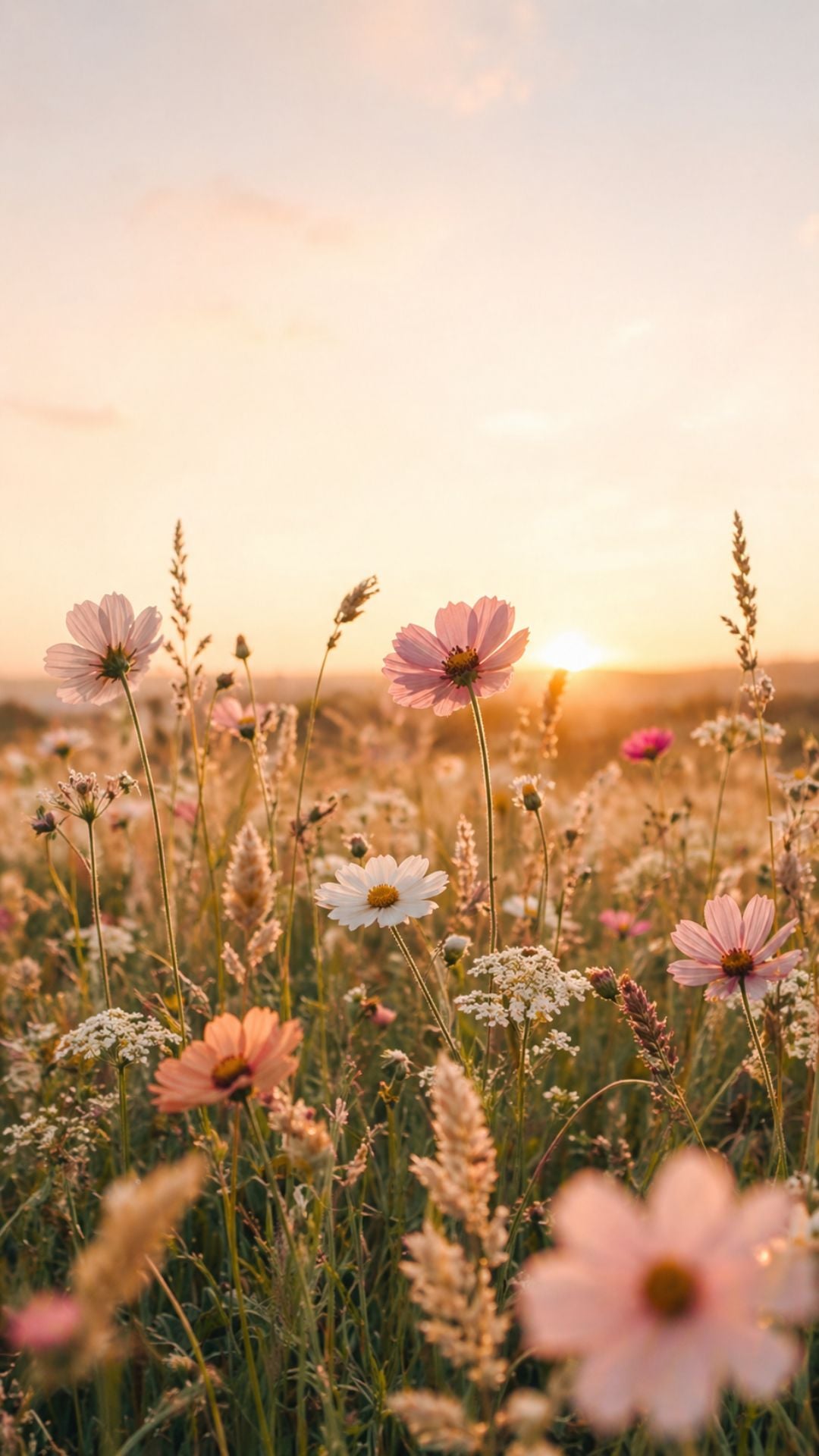 Floral summer iPhone wallpaper with pink wildflowers, white daisies, soft meadow grass, and warm golden hour sunset