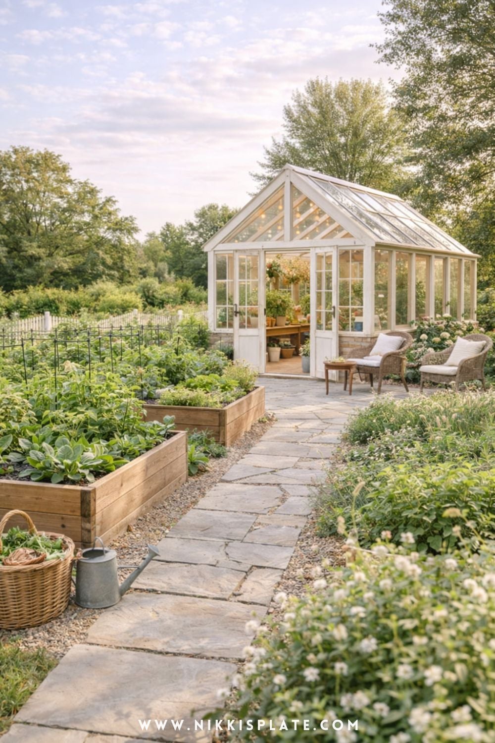 Greenhouse garden combo layout with raised beds, stone pathway, and cozy seating area in a bright farmhouse backyard