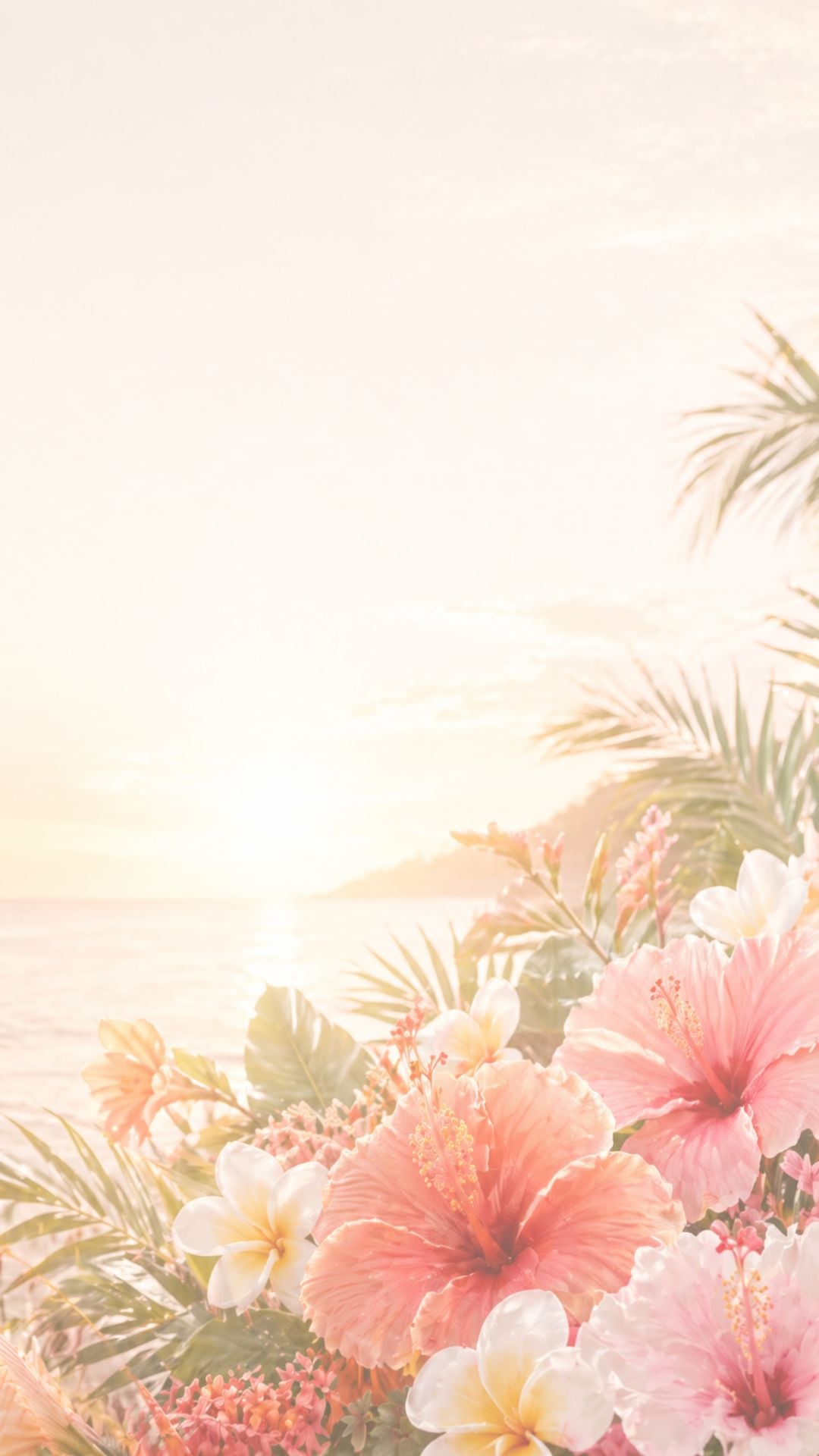 Tropical summer iPhone wallpaper with hibiscus flowers, palm leaves, warm sunlight, and soft island beach background
