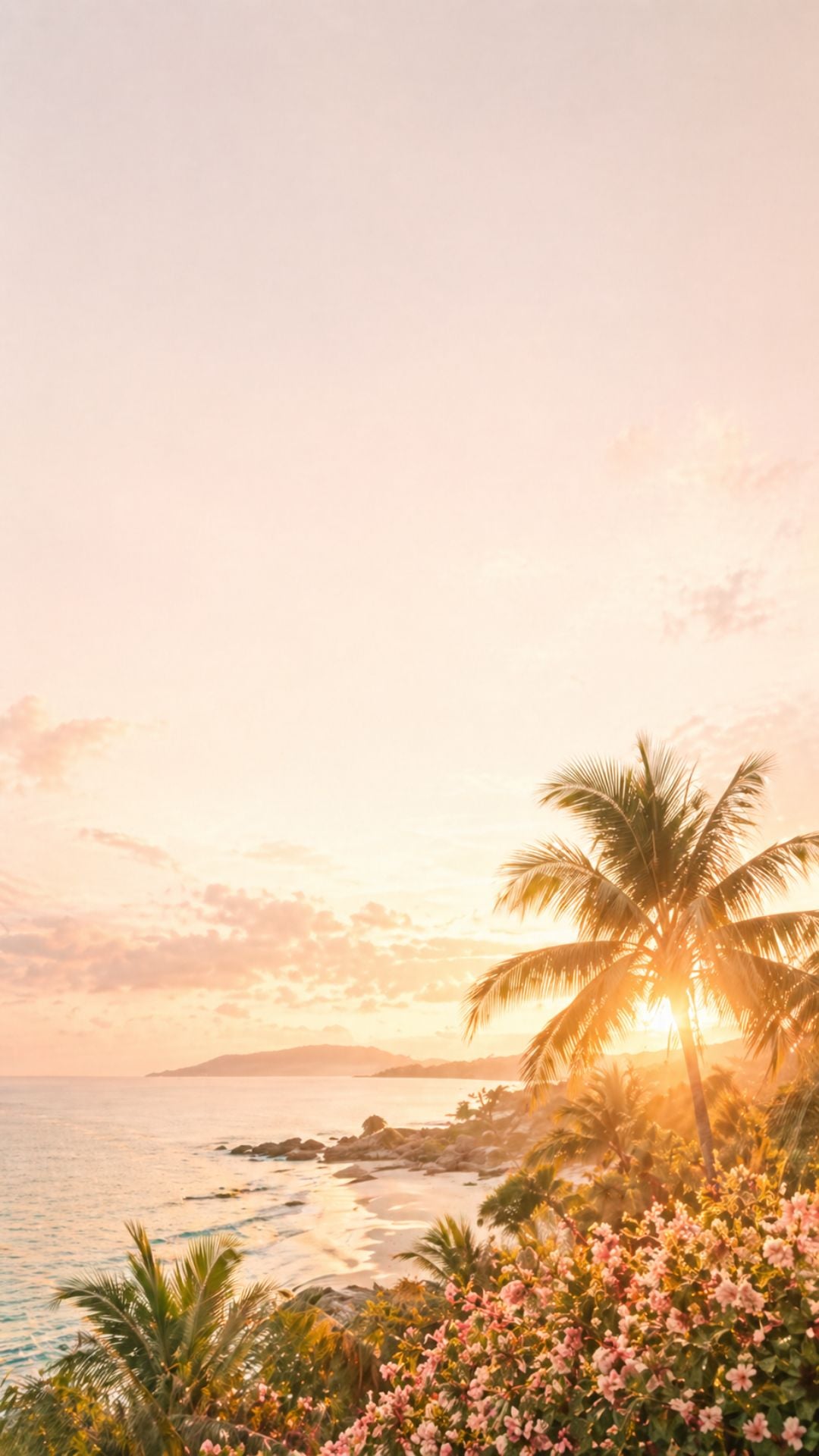 Island aesthetic iPhone wallpaper with palm trees, tropical flowers, ocean view, and golden hour sunlight