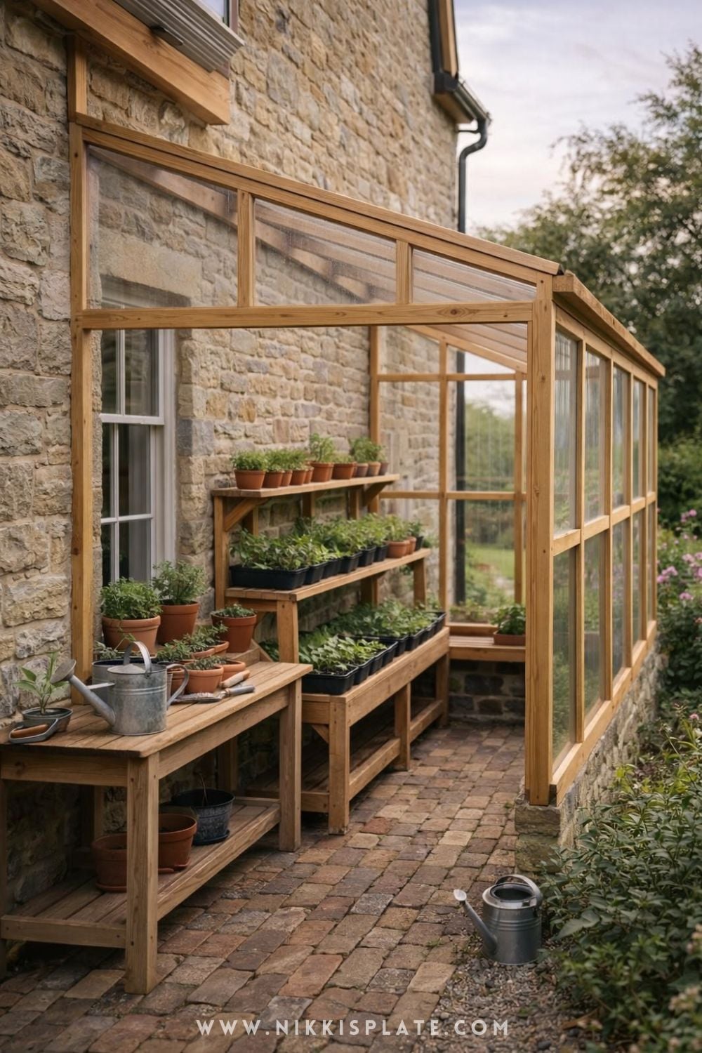 lean-to greenhouse attached to house with wooden frame and plants on shelves