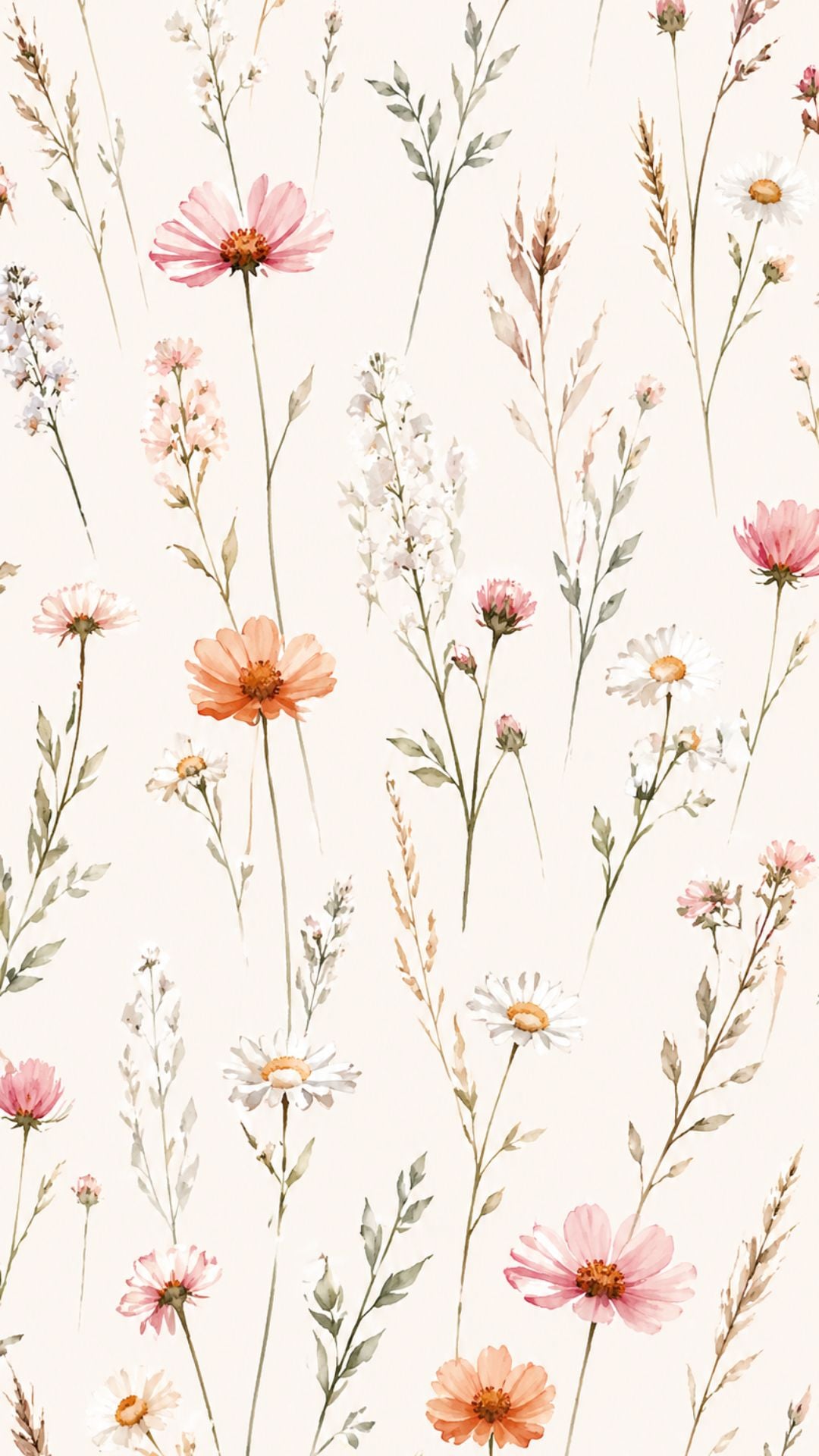 Floral summer iPhone wallpaper with delicate watercolor flowers, pink cosmos, white daisies, and soft cream background