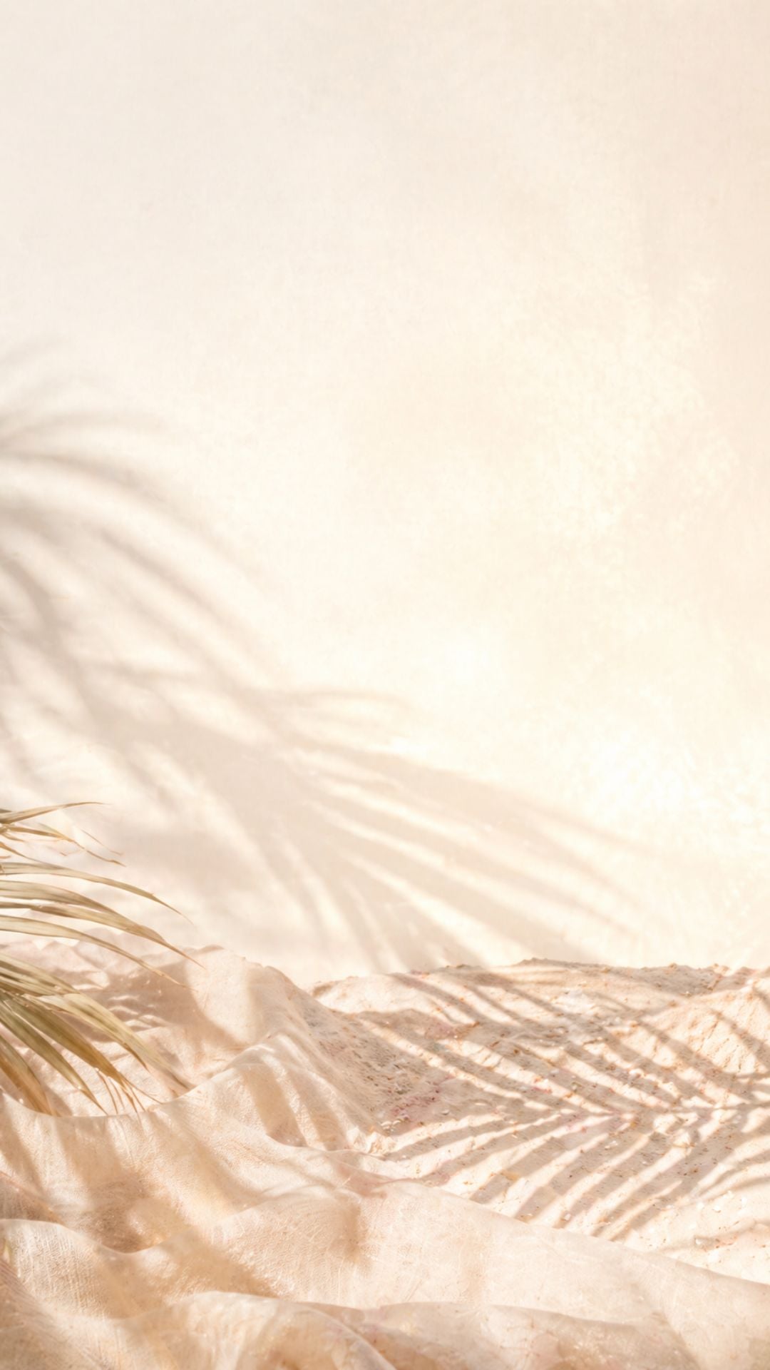 Tropical summer lock screen wallpaper with soft palm shadows, neutral sand tones, and airy negative space