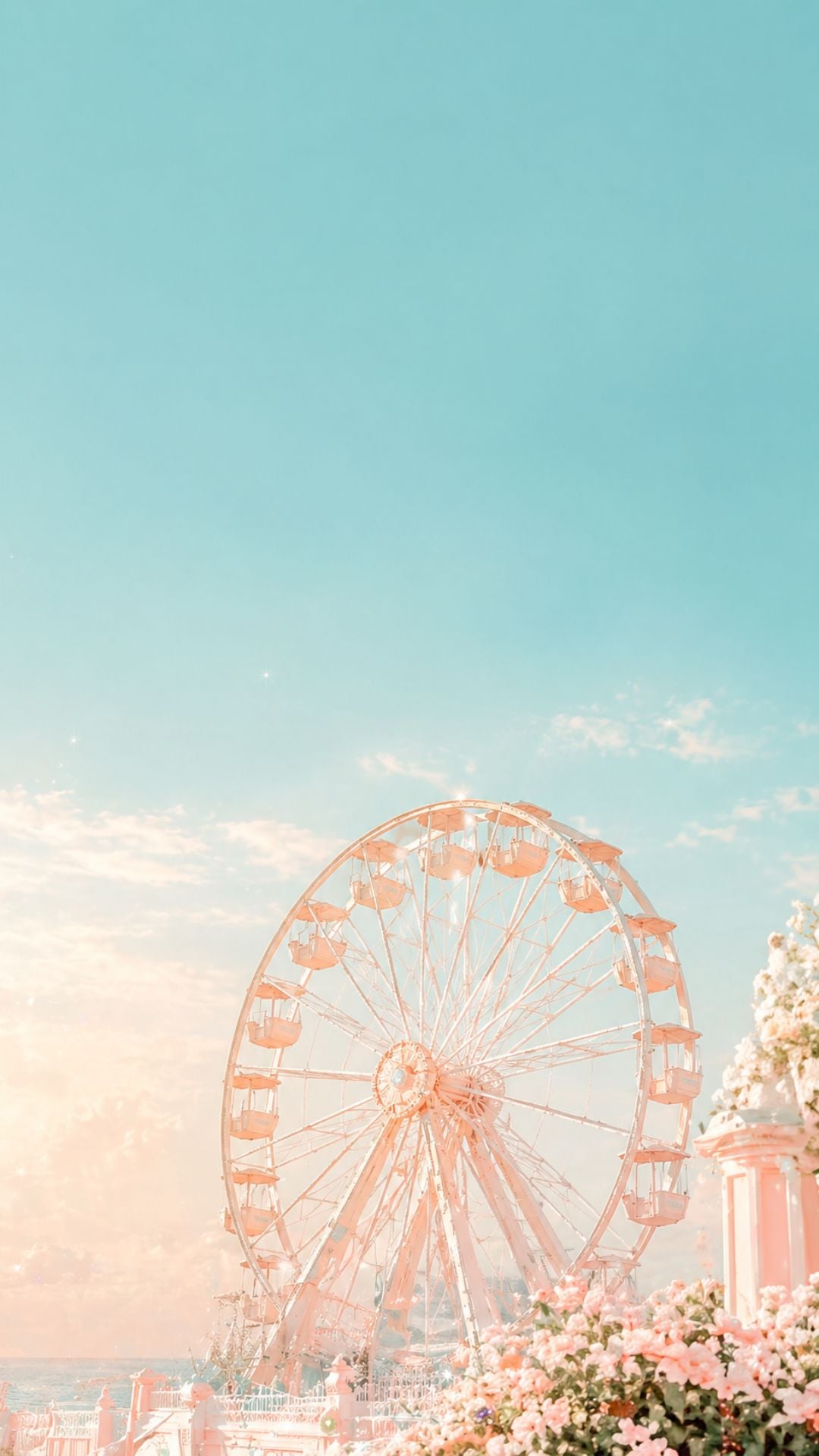 Cute summer iPhone wallpaper with pastel Ferris wheel, blue sky, soft flowers, and seaside carnival aesthetic
