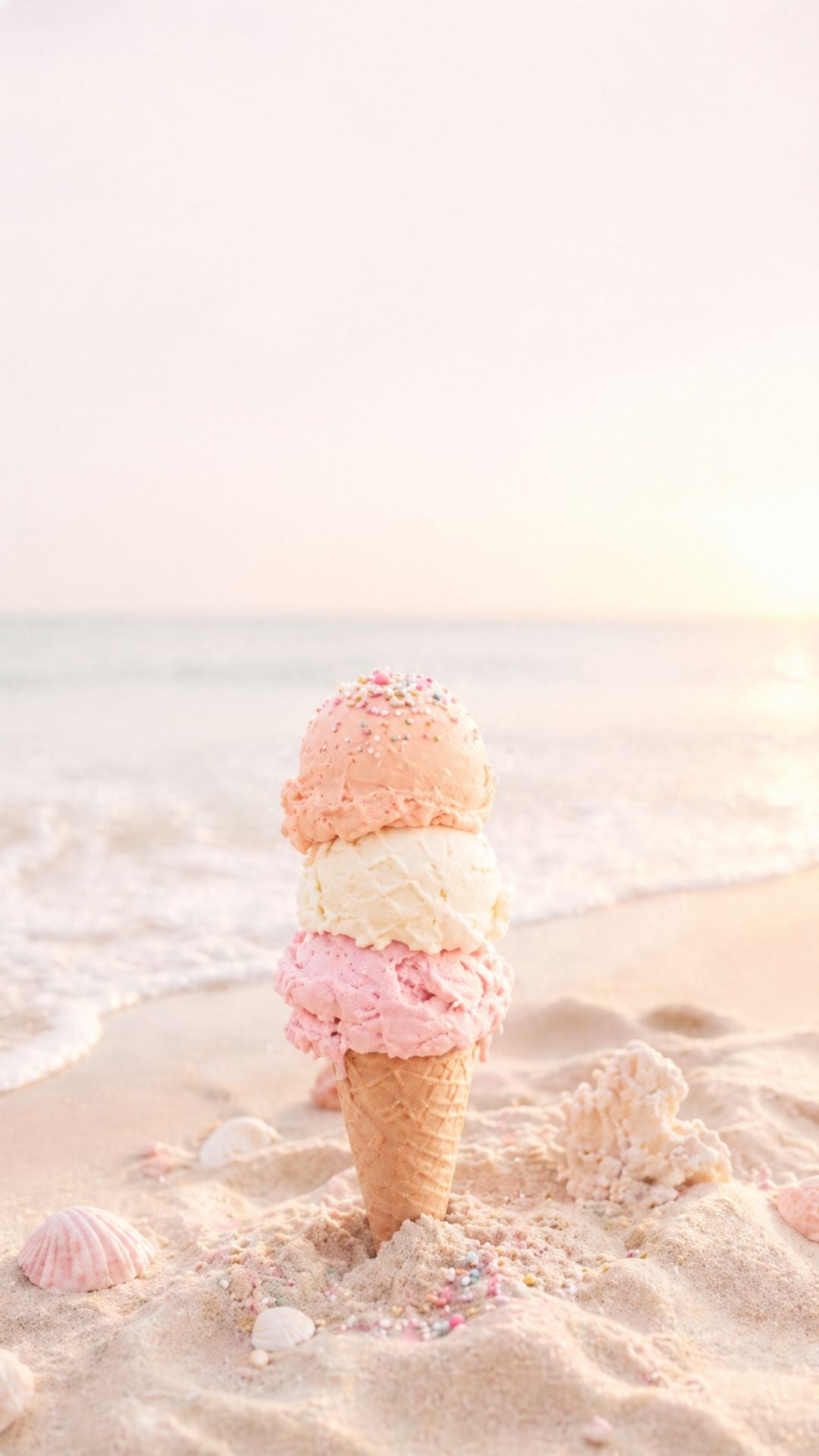 Cute summer iPhone wallpaper with pastel ice cream cone, sandy beach, seashells, and soft golden sunlight
