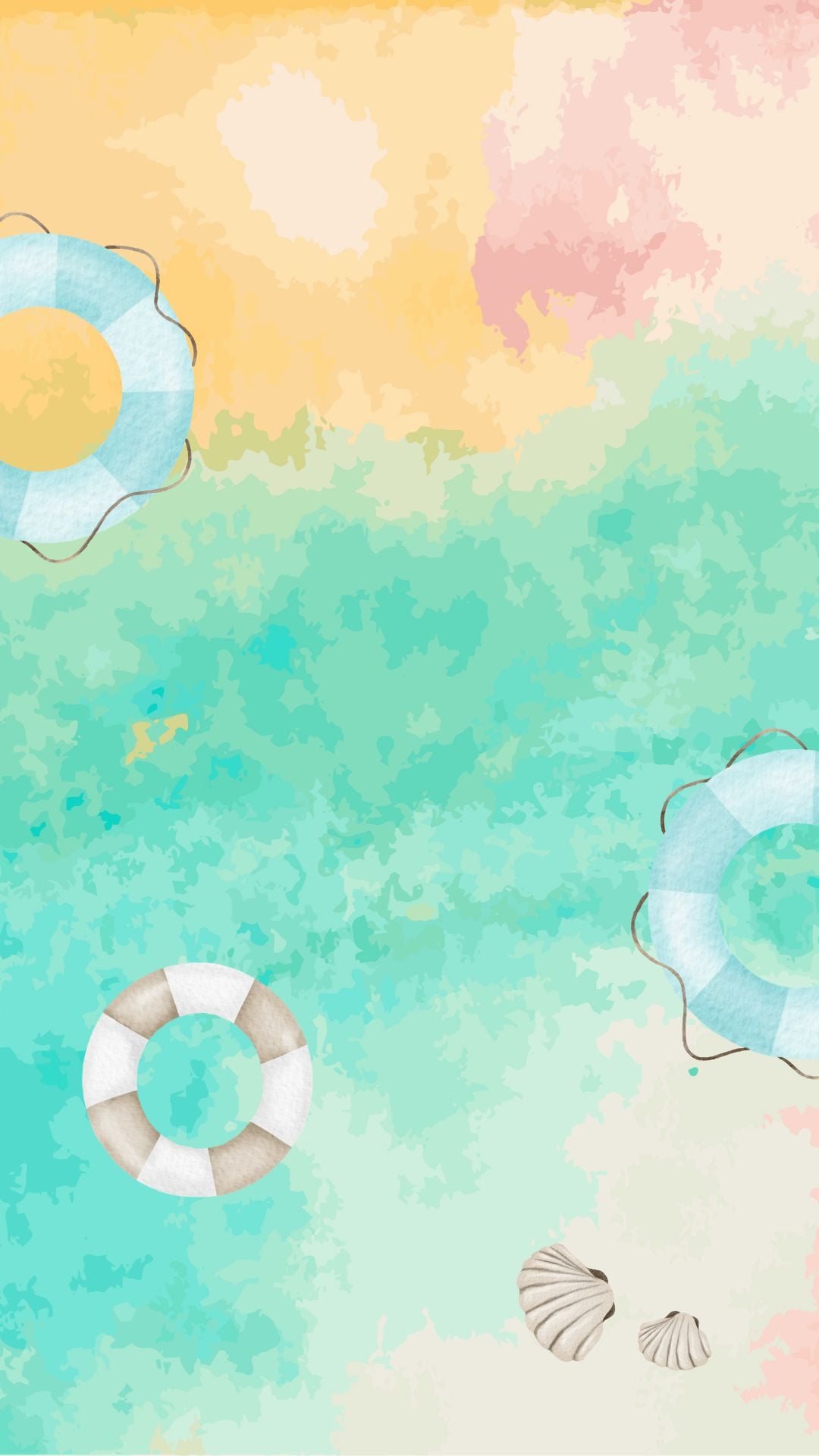 Cute summer iPhone wallpaper with pastel pool water, floaties, seashells, and soft beach colors