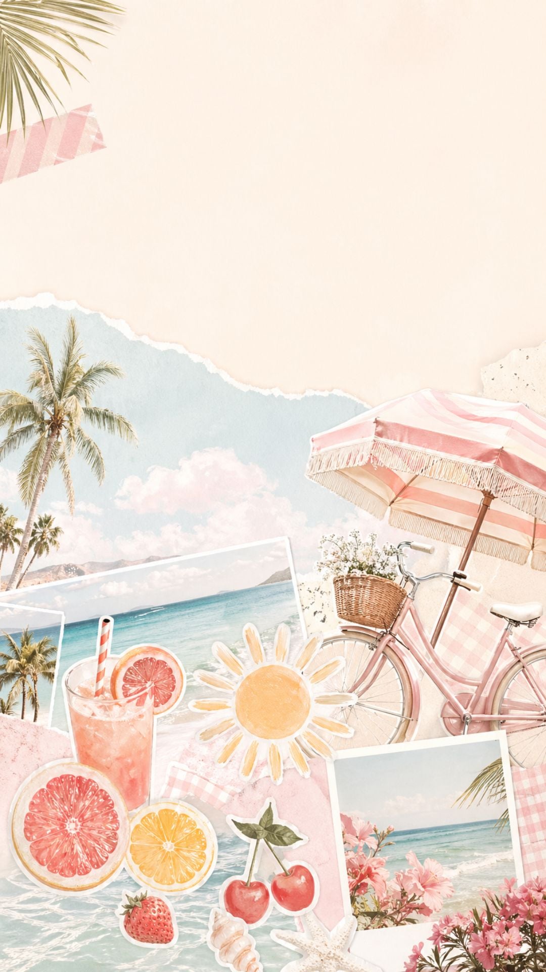 Cute summer iPhone wallpaper with pink beach bike, striped umbrella, citrus fruit, cherries, palm trees, and sunny collage