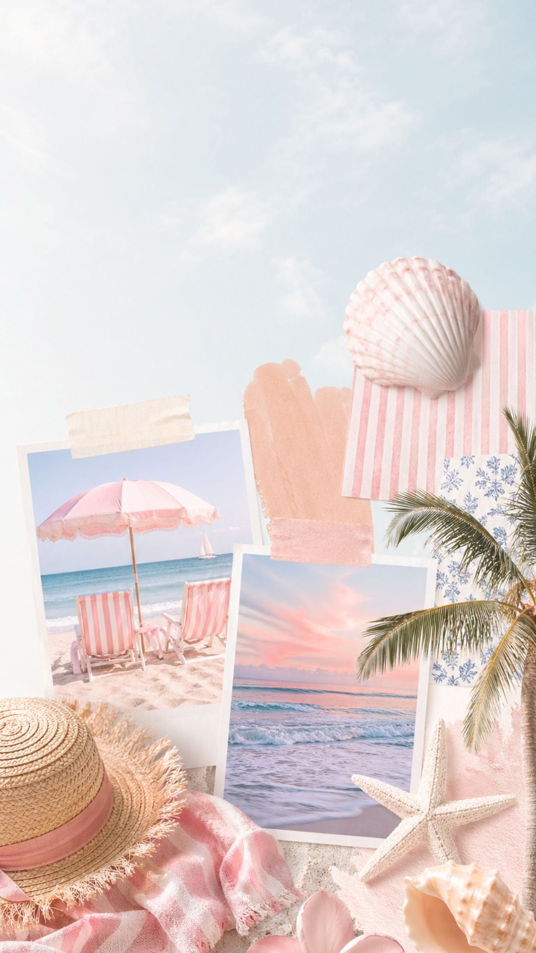 Cute summer iPhone wallpaper with pastel beach collage, ocean photos, seashells, sun hat, palm leaf, and pink stripes