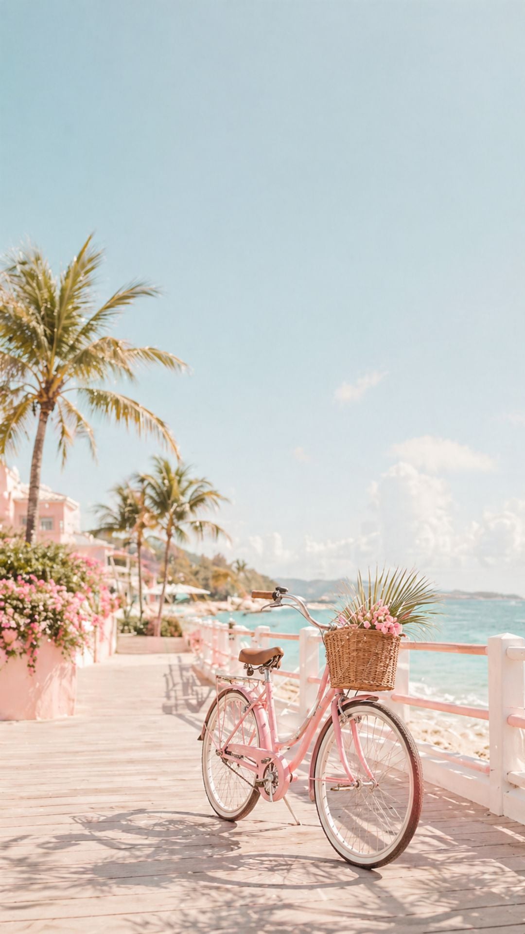 Tropical summer iPhone wallpaper with pink beach bike, palm trees, ocean boardwalk, and pastel coastal view
