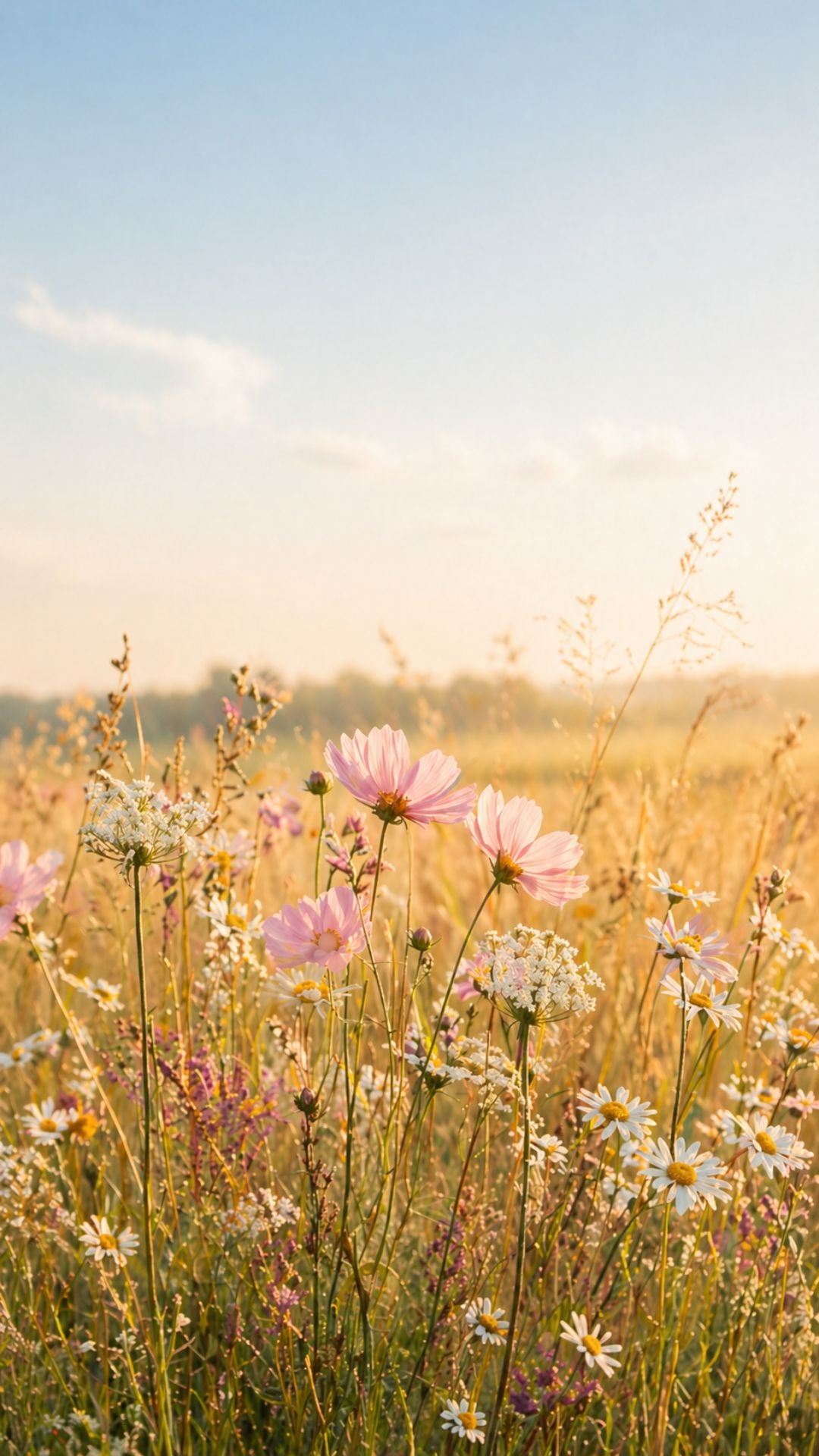 Floral summer iPhone wallpaper with pink cosmos flowers, white daisies, golden meadow grass, and bright sunny sky
