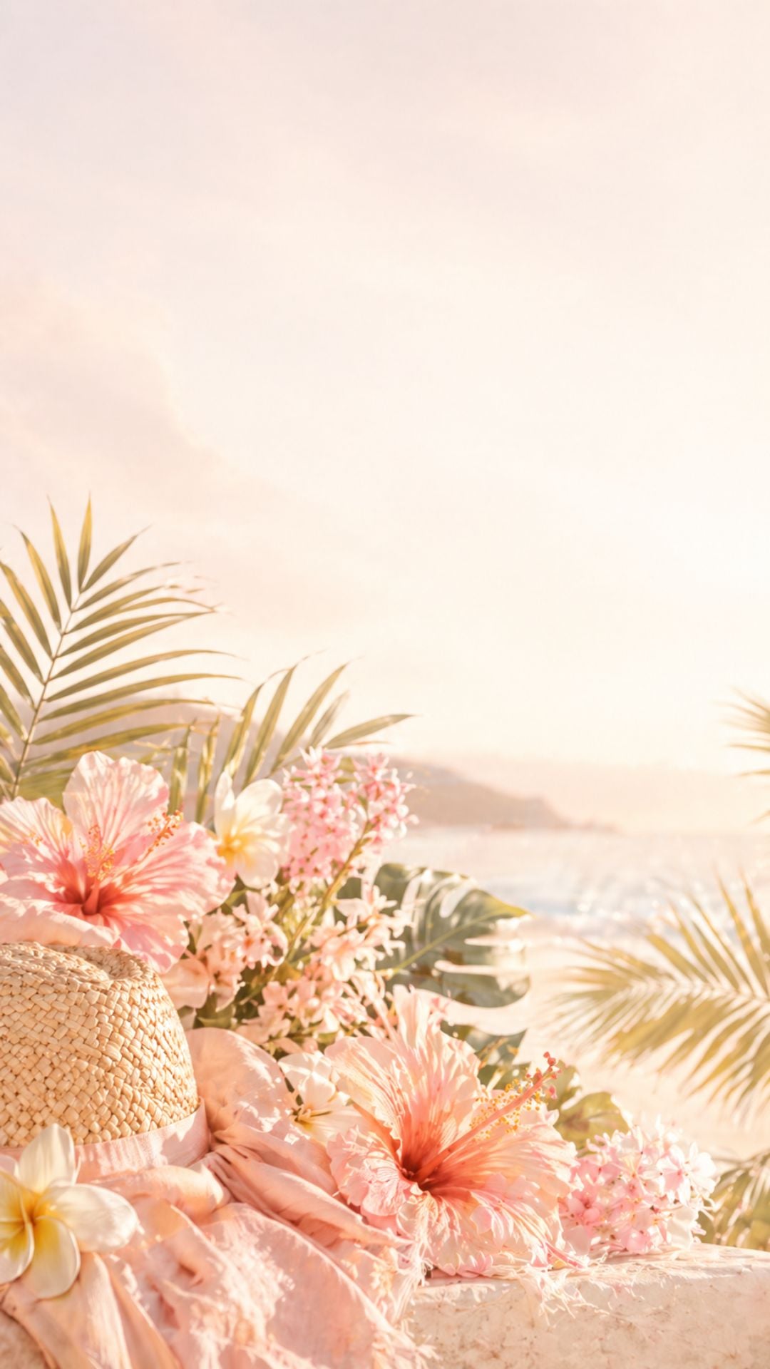 Pretty tropical summer phone background with hibiscus flowers, palm leaves, straw hat, and soft sunset glow